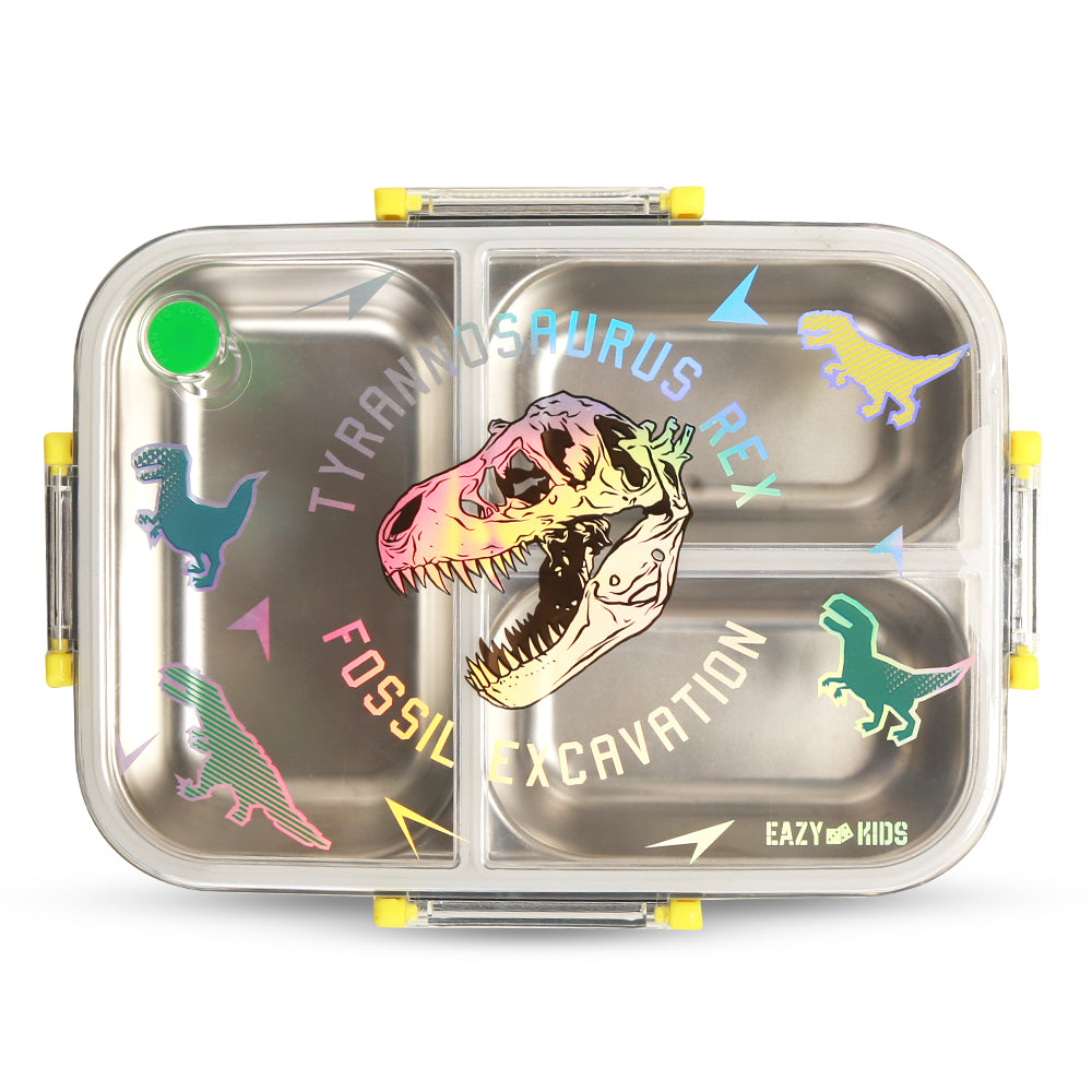 EAZY KIDS 3 Compartment Stainless Steel bento Lunch Box, 800ml - T- Rex Purple