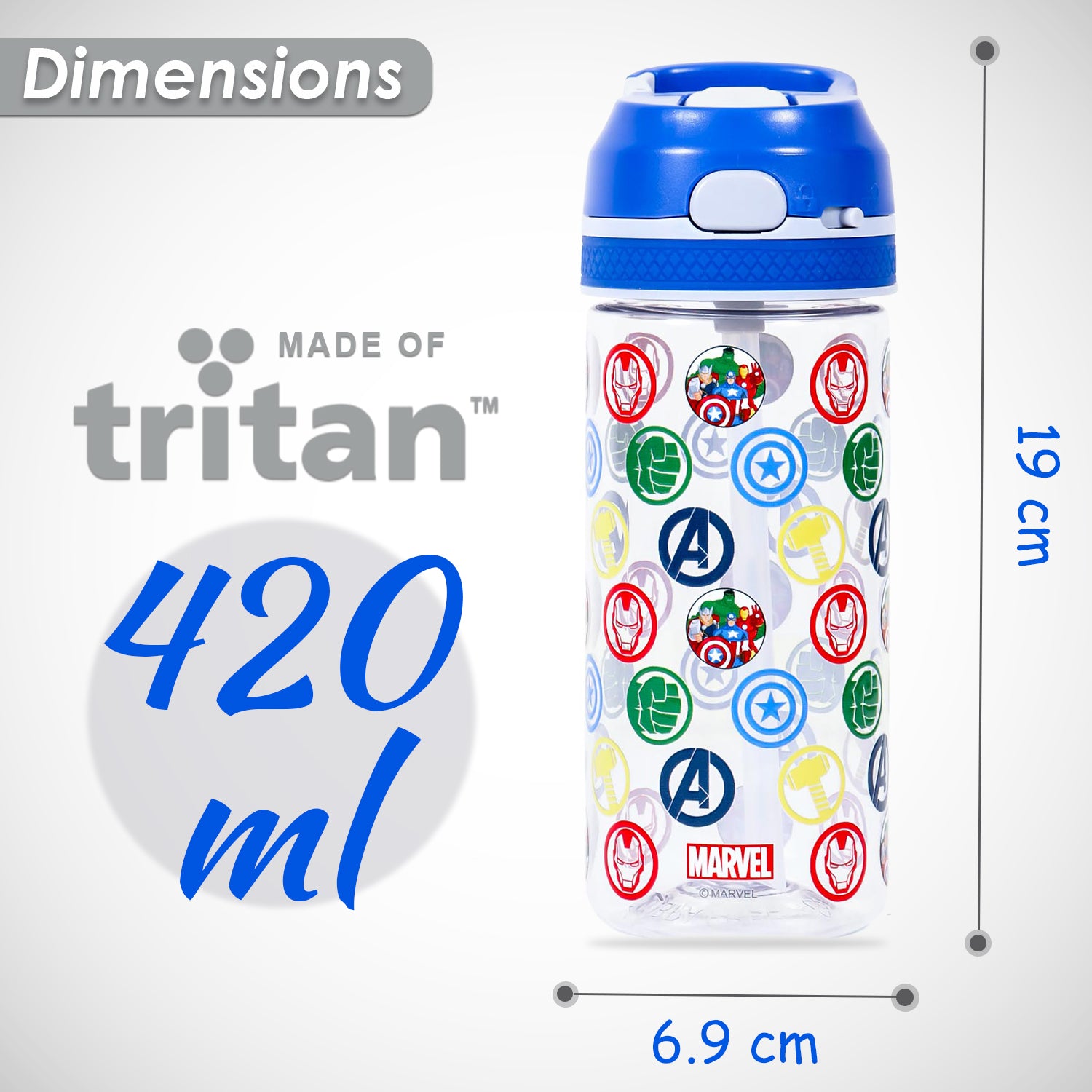 Marvel Avengers Tritan Water Bottle w/Lockable Push button and Carry Handle - Blue (420ml)