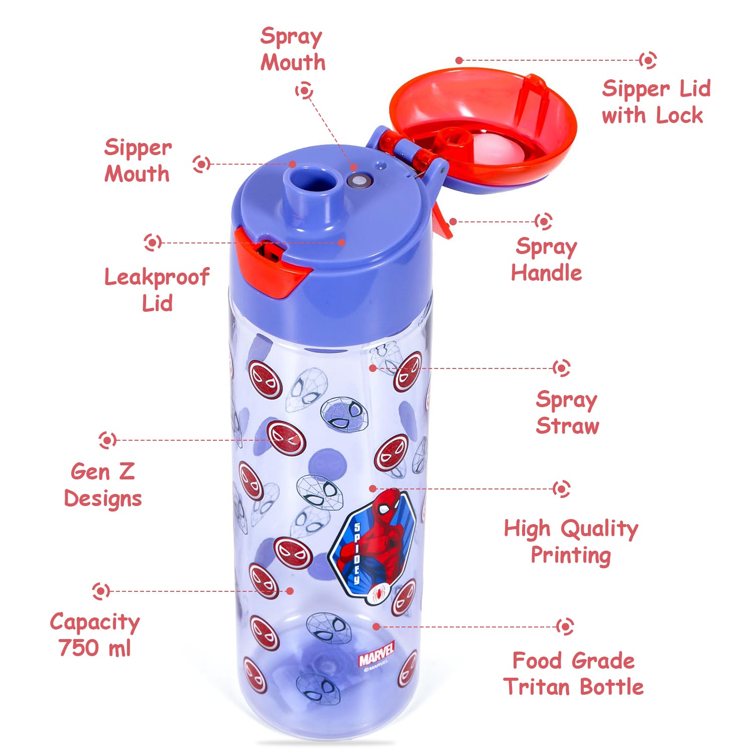 Marvel Spider - Man Tritan Water Bottle w/Spray - Blue (750ml)