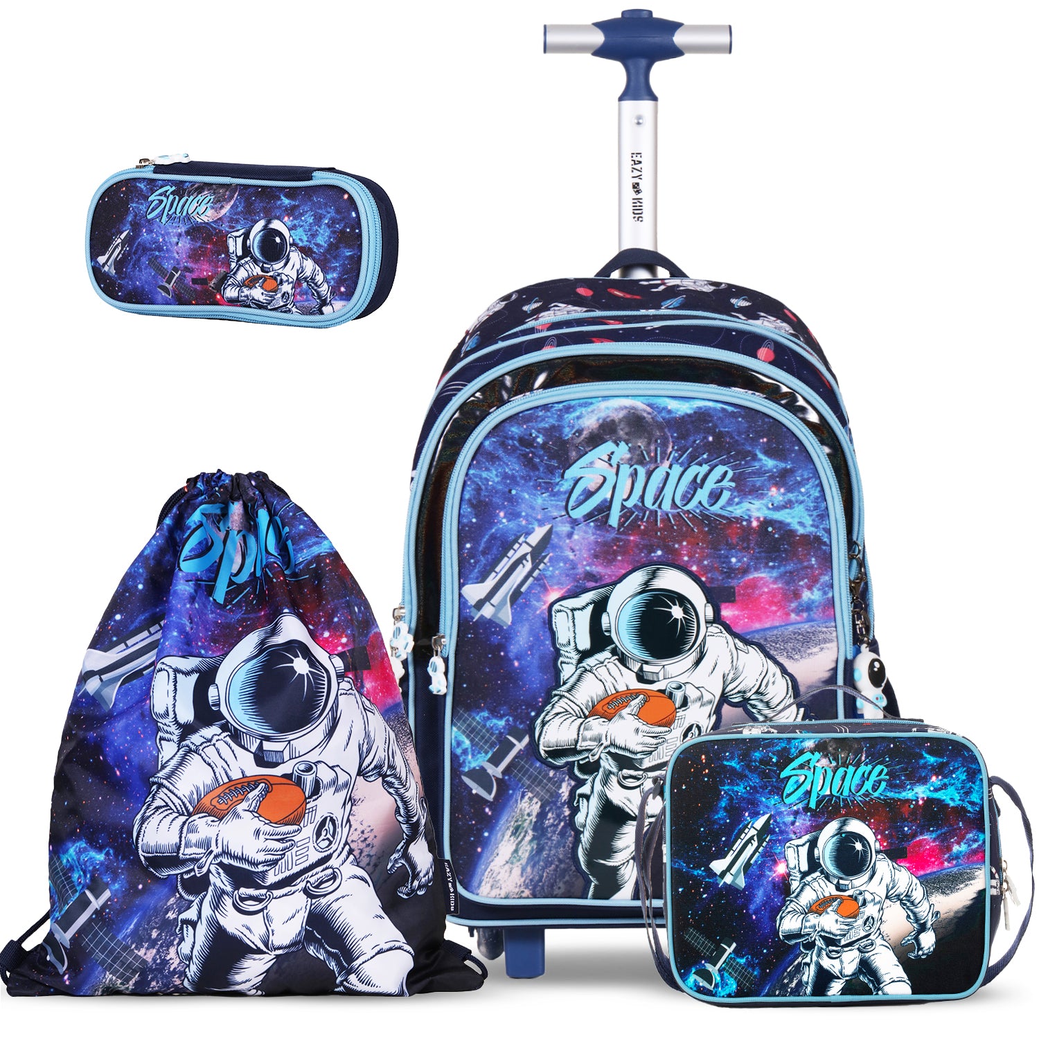 EAZY KIDS - Back to School - 18 inch Set of 4 School Bag Lunch Bag Activity Bag & Pencil Case Astronaut - Blue