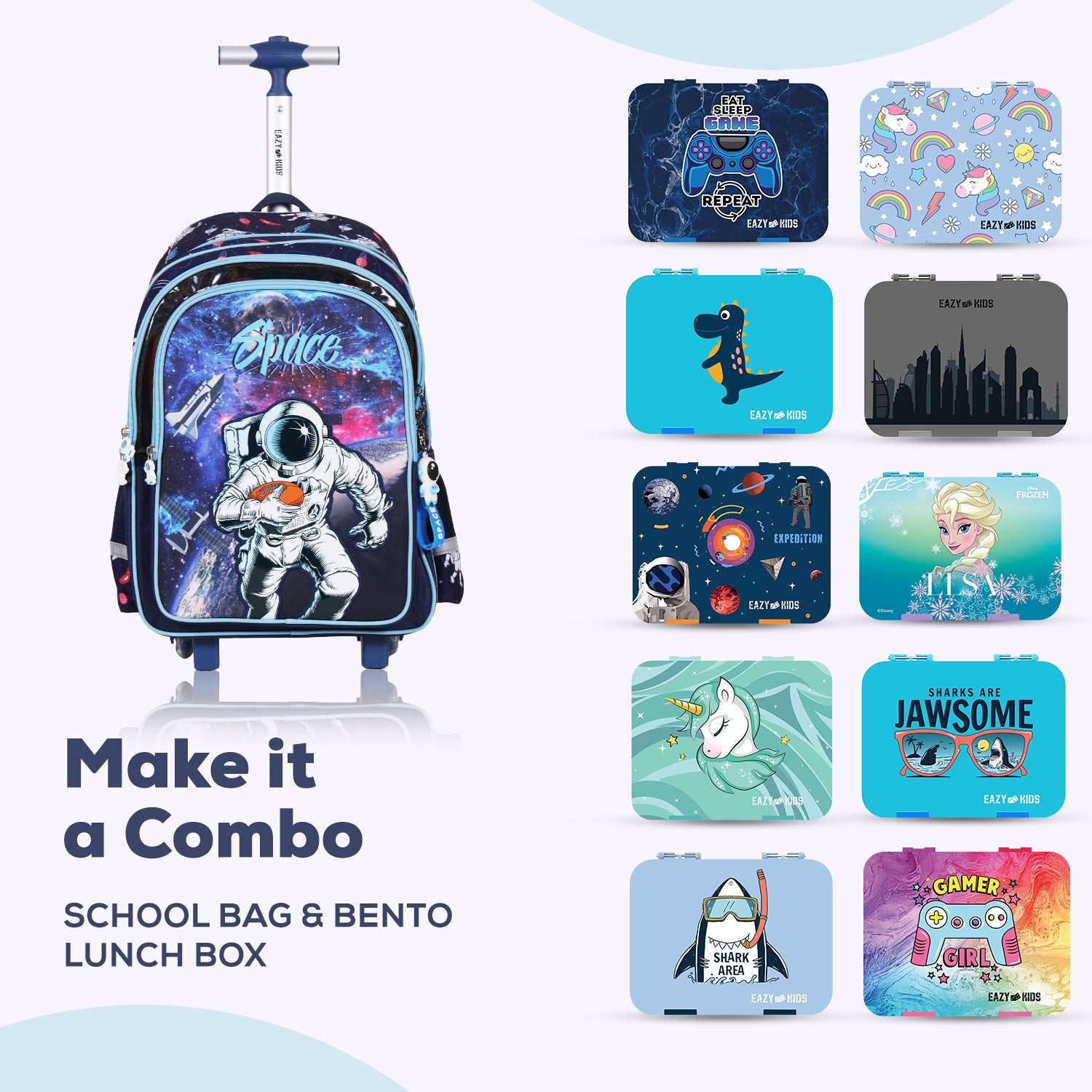 EAZY KIDS - Back to School - 18 inch Set of 4 School Bag Lunch Bag Activity Bag & Pencil Case Astronaut - Blue
