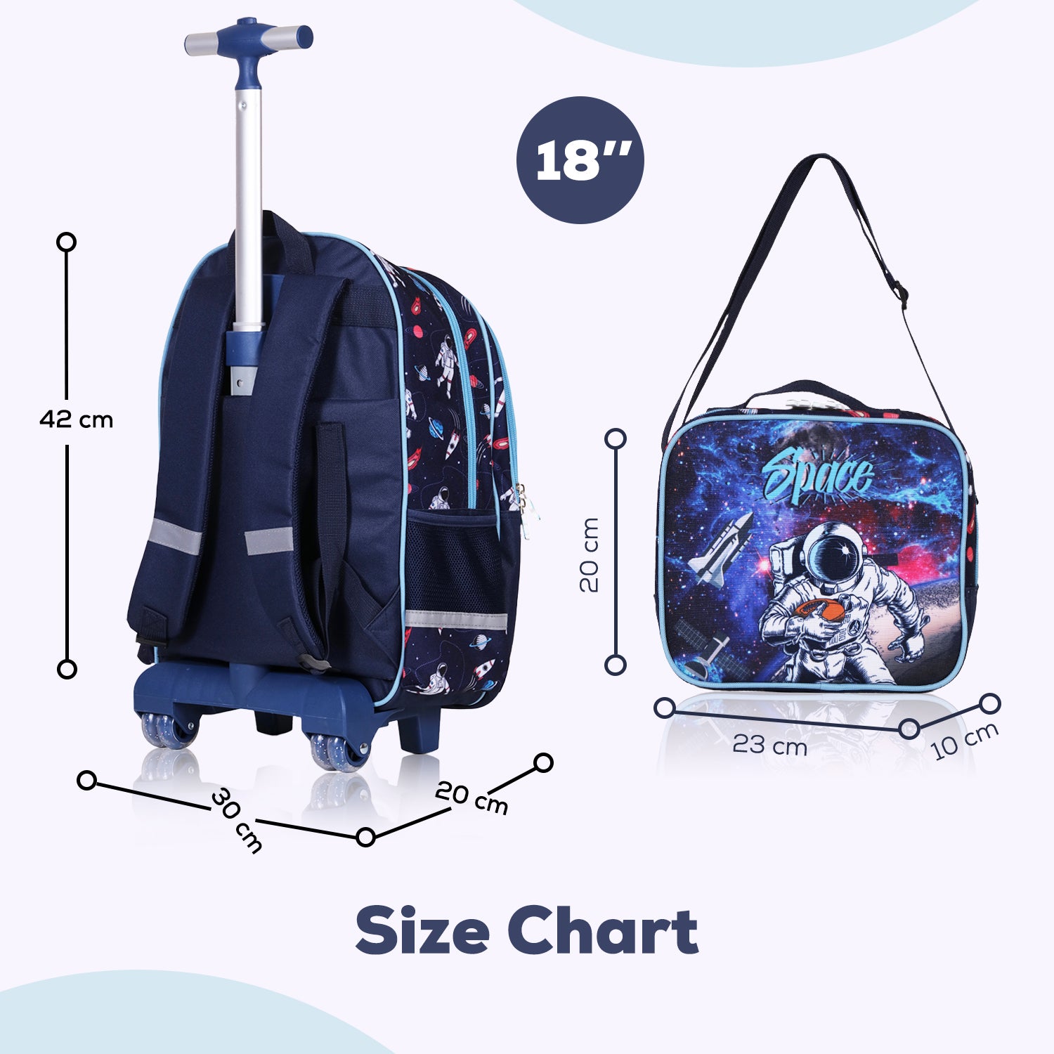 EAZY KIDS - Back to School - 18 inch Set of 4 School Bag Lunch Bag Activity Bag & Pencil Case Astronaut - Blue