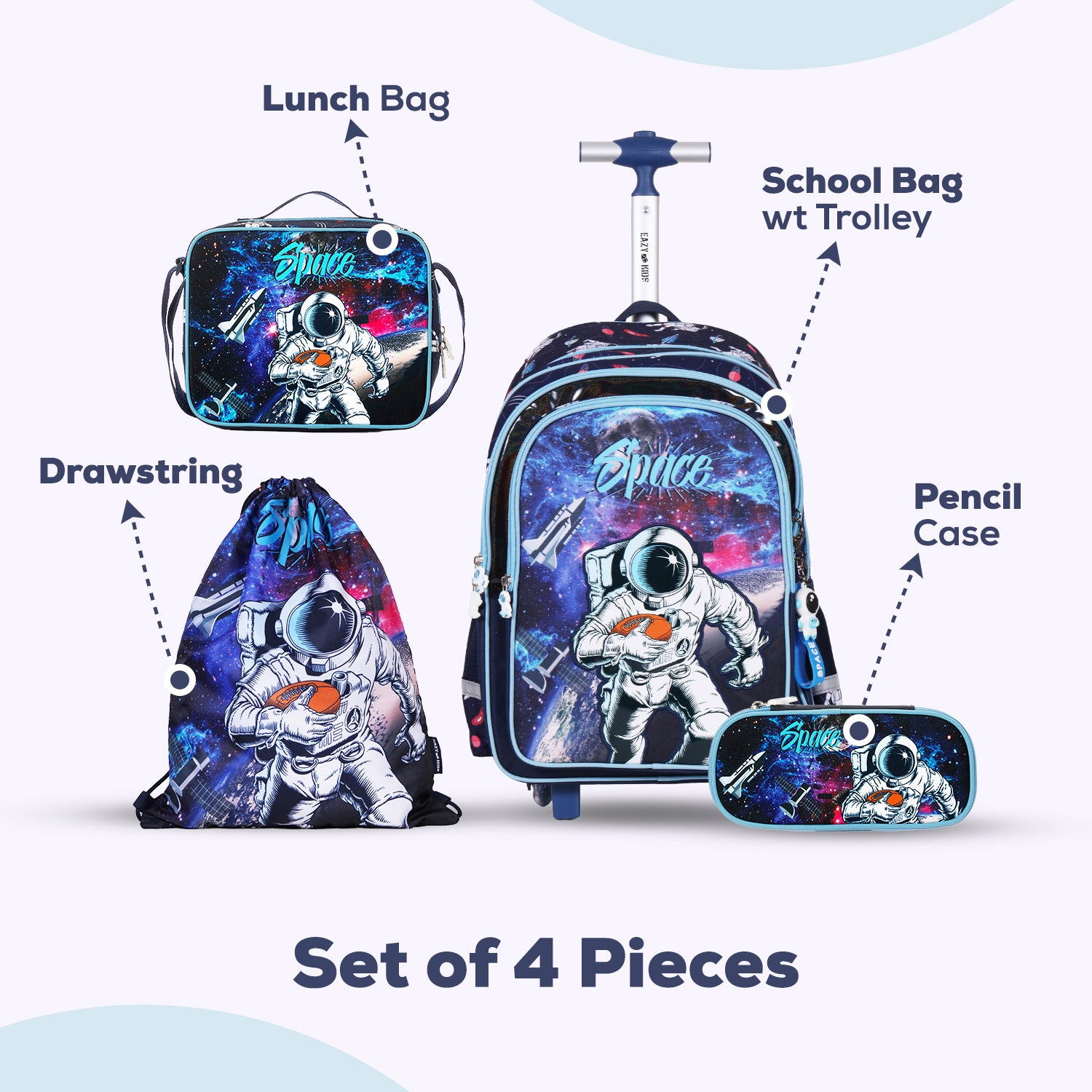 EAZY KIDS - Back to School - 18 inch Set of 4 School Bag Lunch Bag Activity Bag & Pencil Case Astronaut - Blue