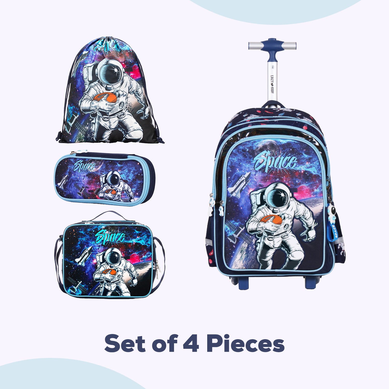 EAZY KIDS - Back to School - 18 inch Set of 4 School Bag Lunch Bag Activity Bag & Pencil Case Astronaut - Blue