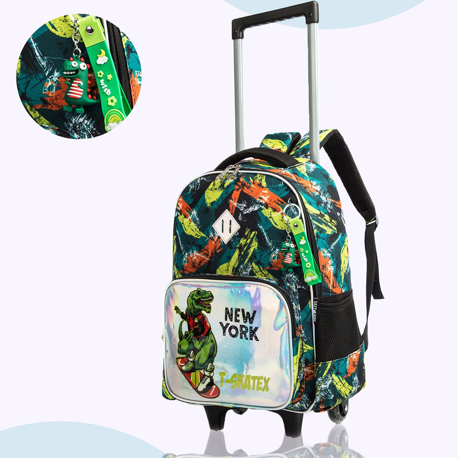 EAZY KIDS - 17 inch Set of 3 Trolley School Bag Lunch Bag & Pencil Case New York Dinosaur - Green