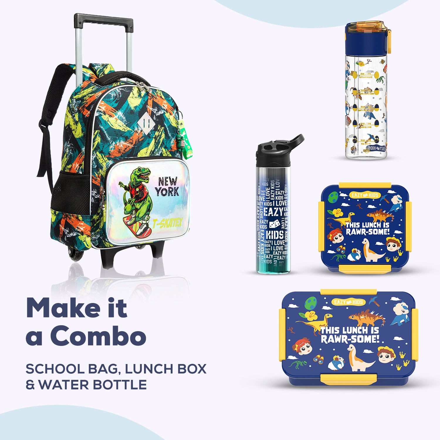 EAZY KIDS - 17 inch Set of 3 Trolley School Bag Lunch Bag & Pencil Case New York Dinosaur - Green