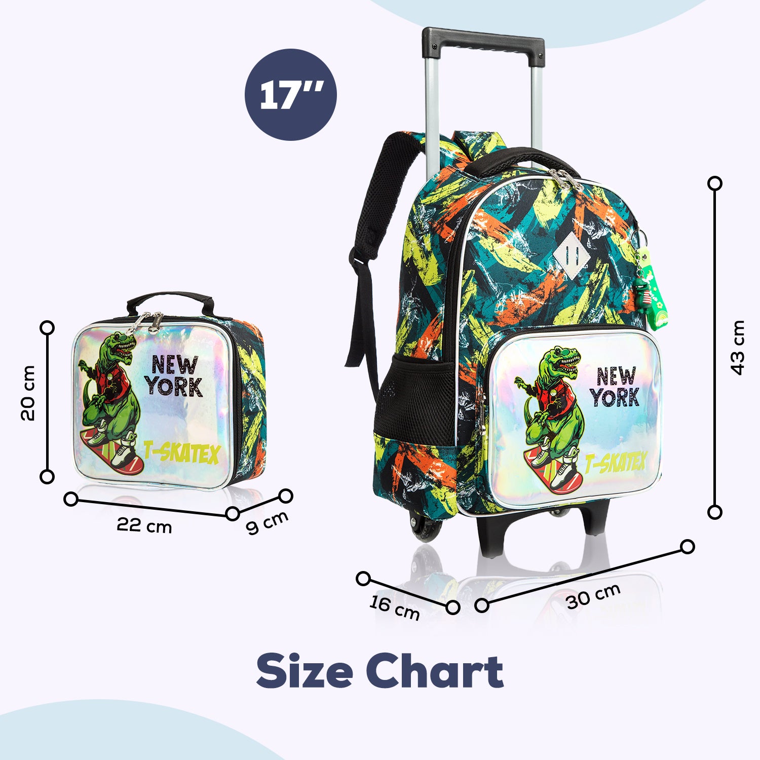 EAZY KIDS - 17 inch Set of 3 Trolley School Bag Lunch Bag & Pencil Case New York Dinosaur - Green