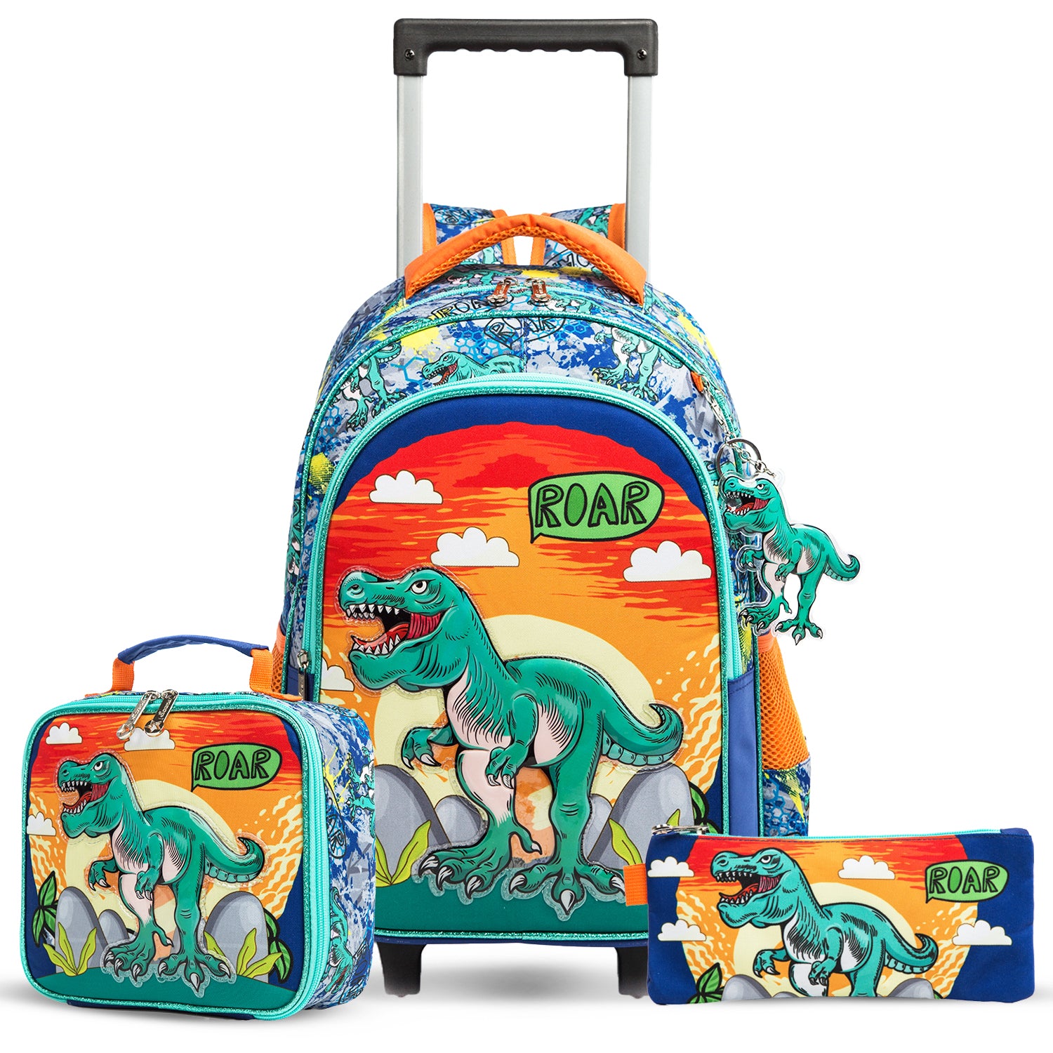 EAZY KIDS - 17 inch Set of 3 Trolley School Bag Lunch Bag & Pencil Case Dinosaur - Orange