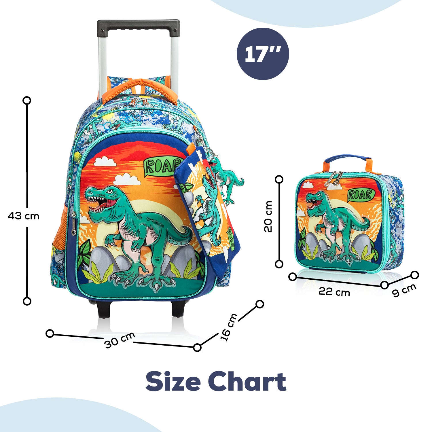 EAZY KIDS - 17 inch Set of 3 Trolley School Bag Lunch Bag & Pencil Case Dinosaur - Orange