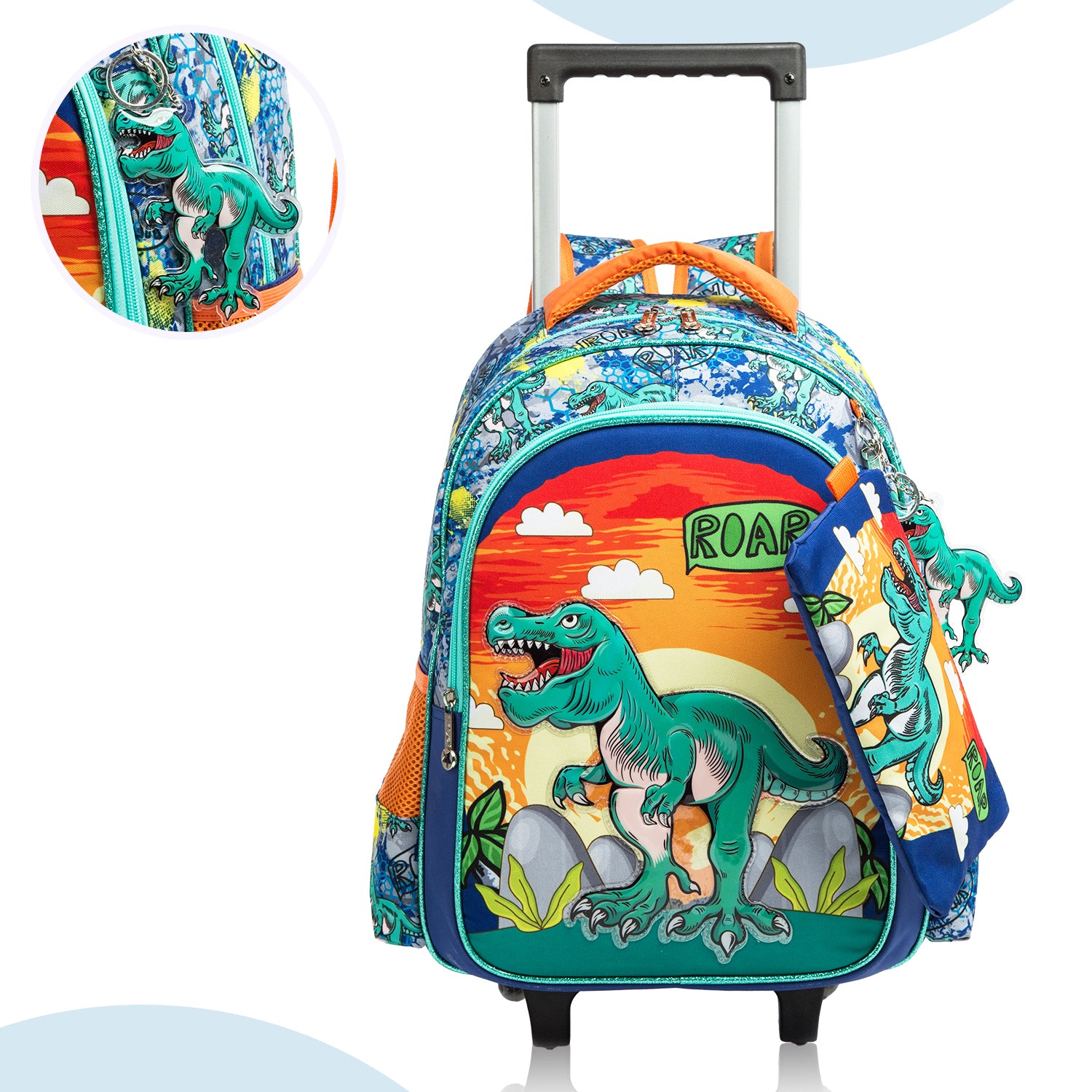 EAZY KIDS - 17 inch Set of 3 Trolley School Bag Lunch Bag & Pencil Case Dinosaur - Orange