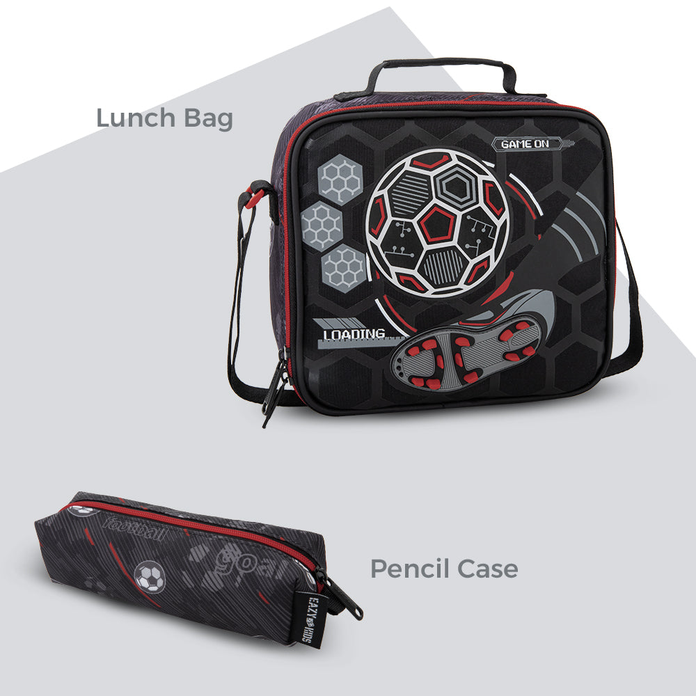 Eazy Kids 17” 3-Piece Trolley School Backpack Set for Kids – Football Design with Lunch Bag & Pencil Case, Black