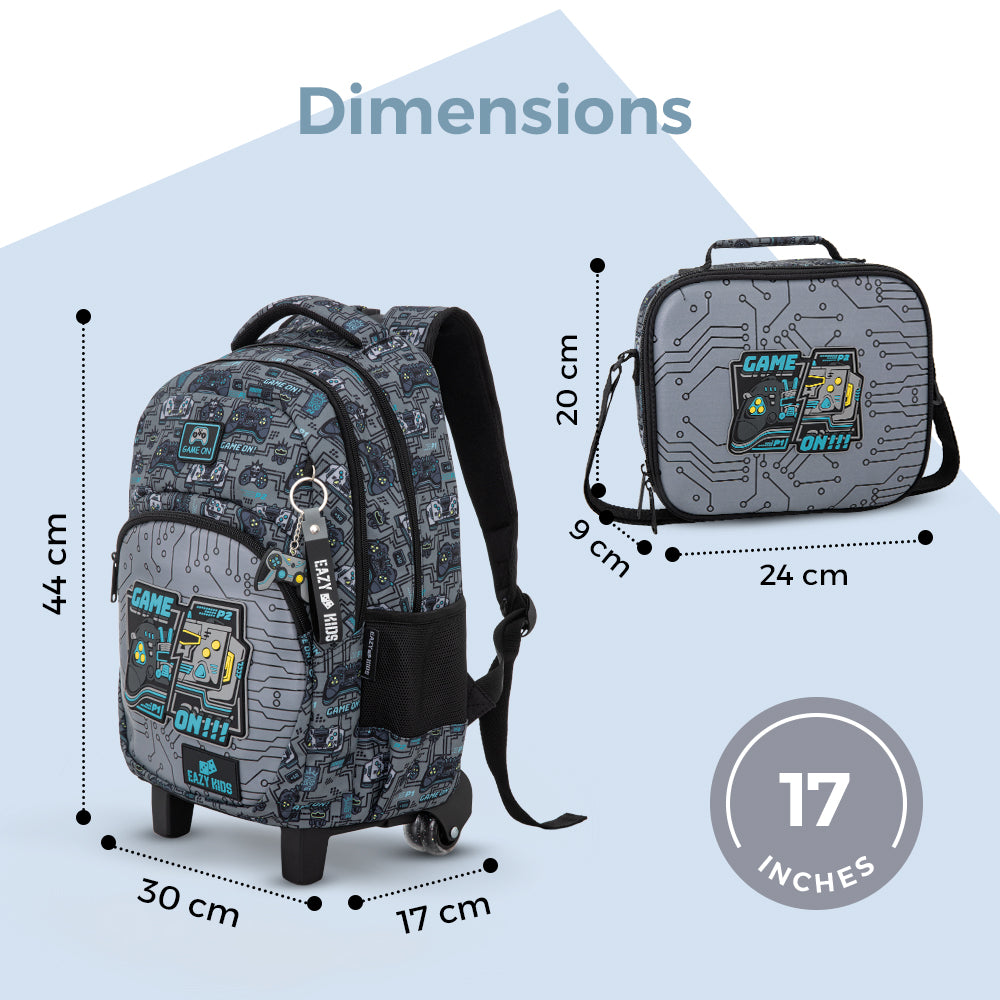 Eazy Kids 17” 3-Piece Trolley School Backpack Set for Kids – Gaming Design with Lunch Bag & Pencil Case, Grey
