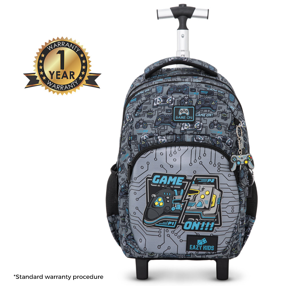 Eazy Kids 17” 3-Piece Trolley School Backpack Set for Kids – Gaming Design with Lunch Bag & Pencil Case, Grey