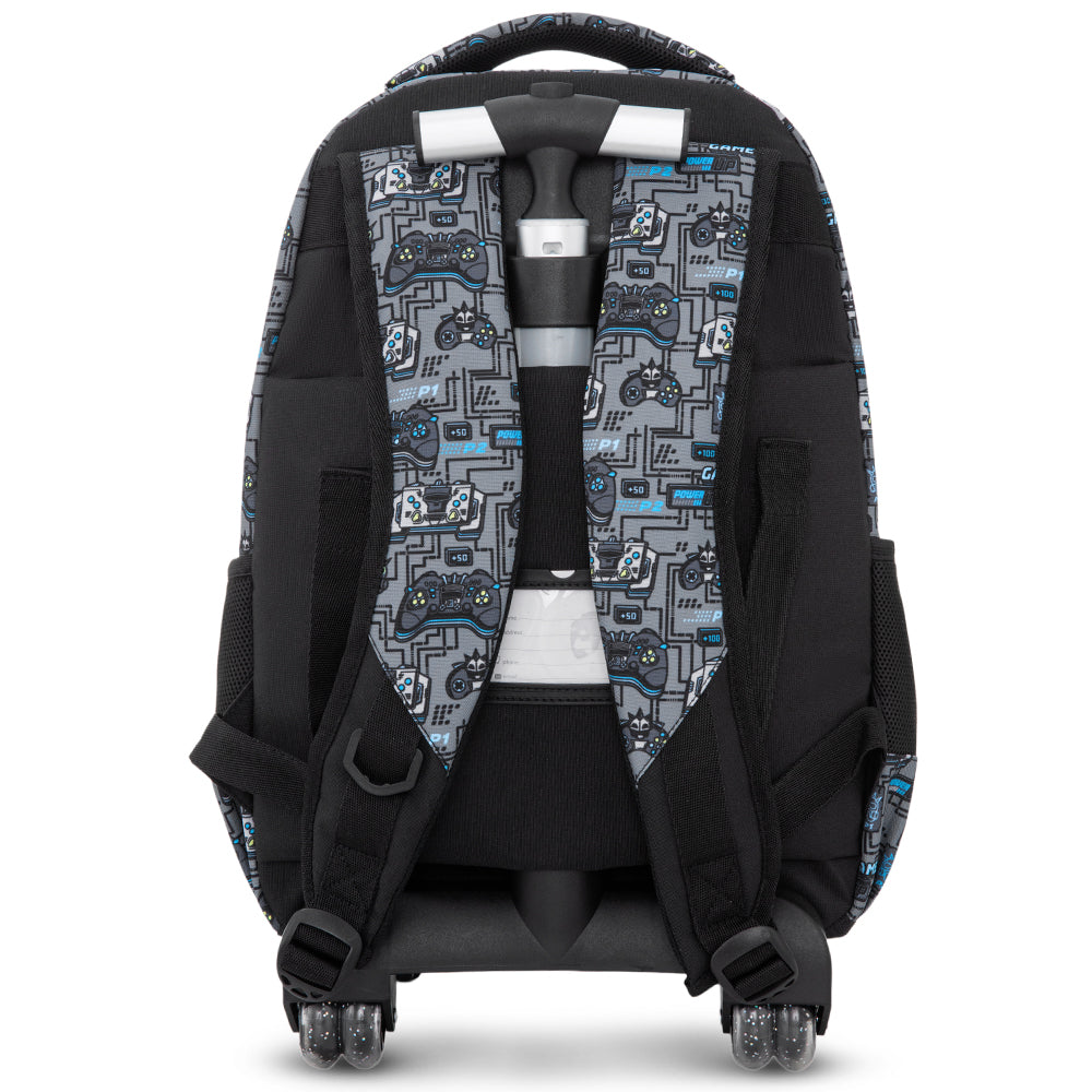 Eazy Kids 17” 3-Piece Trolley School Backpack Set for Kids – Gaming Design with Lunch Bag & Pencil Case, Grey