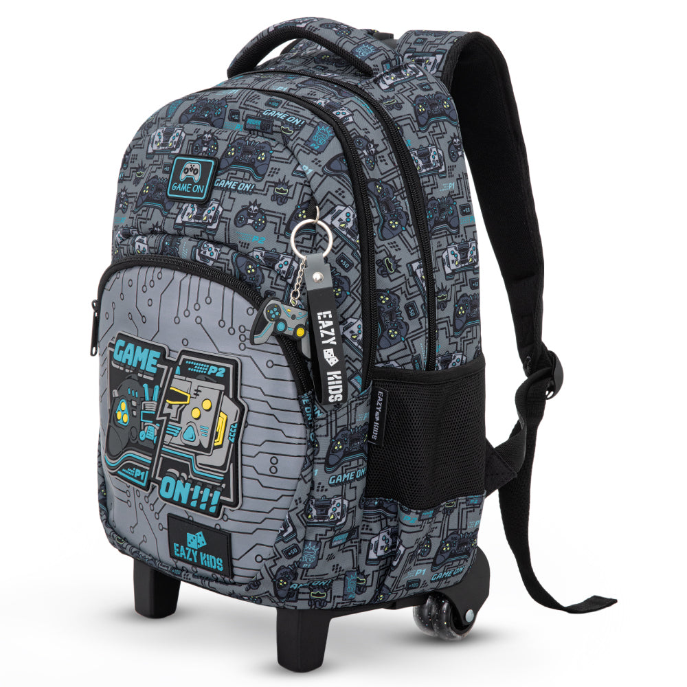 Eazy Kids 17” 3-Piece Trolley School Backpack Set for Kids – Gaming Design with Lunch Bag & Pencil Case, Grey