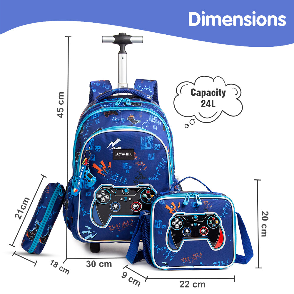 EAZY KIDS 18Inch Set of 3 Trolley School Bag with Lunch Bag and Pencil Case Gamer - Blue