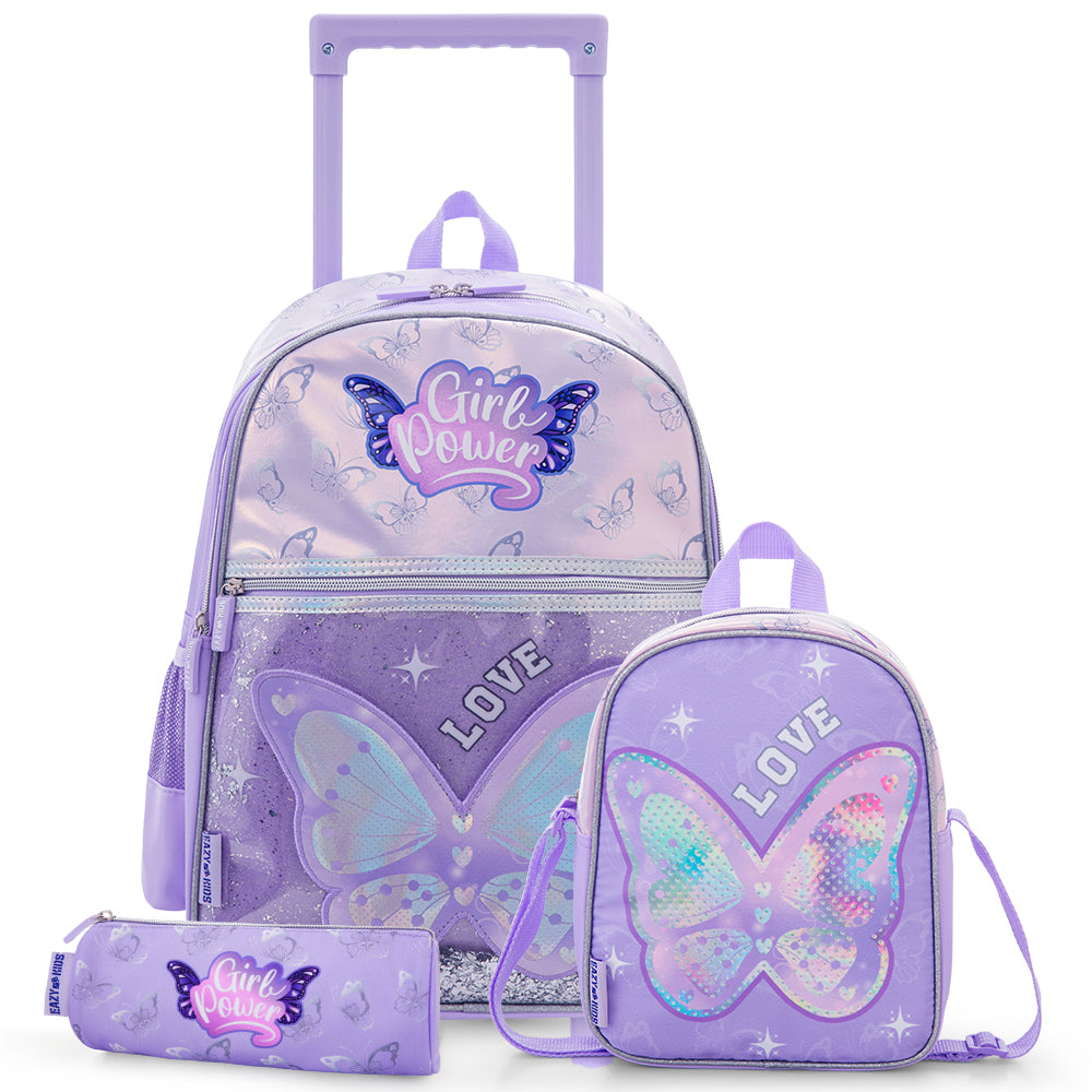 Eazy Kids 16” Trolley School Bag Set of 3 with Wheels – Backpack, Lunch Bag & Pencil Case w/ Laptop Compartment-Girl Power Purple