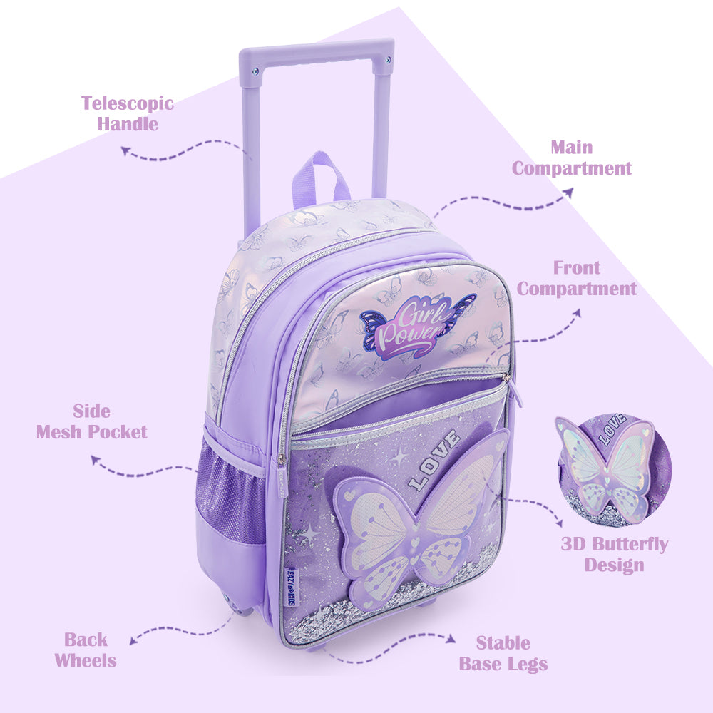 Eazy Kids 16” Trolley School Bag Set of 3 with Wheels – Backpack, Lunch Bag & Pencil Case w/ Laptop Compartment-Girl Power Purple