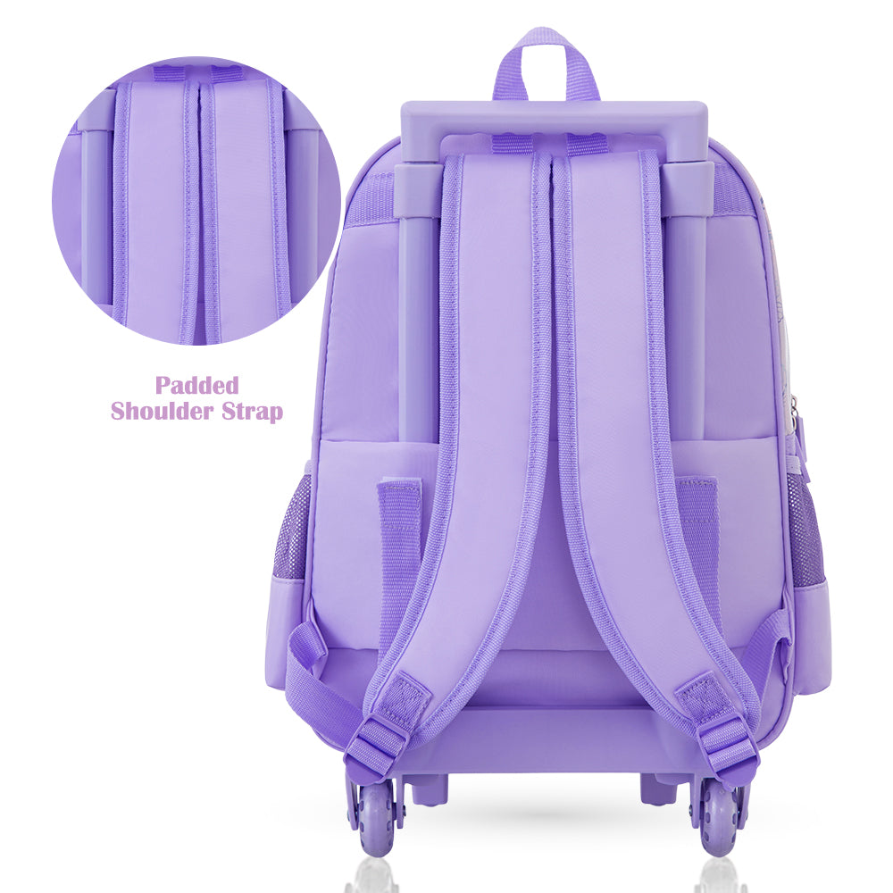 Eazy Kids 16” Trolley School Bag Set of 3 with Wheels – Backpack, Lunch Bag & Pencil Case w/ Laptop Compartment-Girl Power Purple