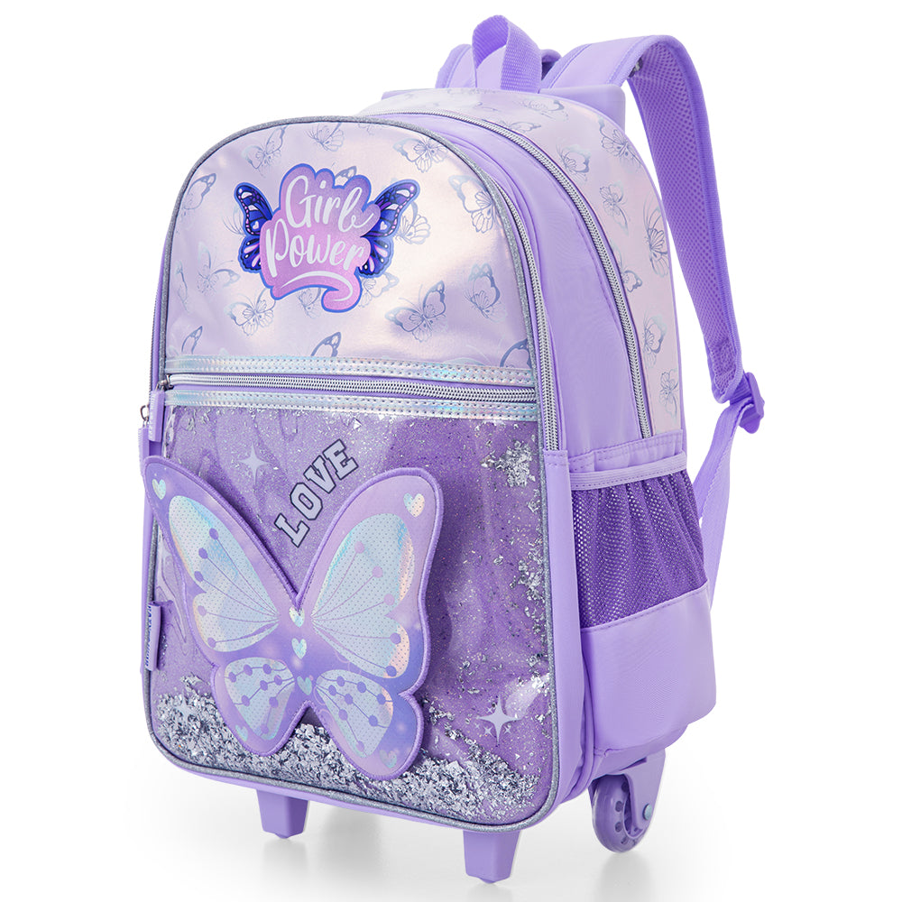 Eazy Kids 16” Trolley School Bag Set of 3 with Wheels – Backpack, Lunch Bag & Pencil Case w/ Laptop Compartment-Girl Power Purple