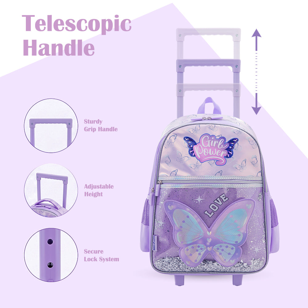 Eazy Kids 16” Trolley School Bag Set of 3 with Wheels – Backpack, Lunch Bag & Pencil Case w/ Laptop Compartment-Girl Power Purple