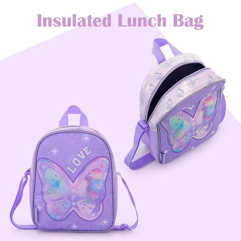 Eazy Kids 16” Trolley School Bag Set of 3 with Wheels – Backpack, Lunch Bag & Pencil Case w/ Laptop Compartment-Girl Power Purple
