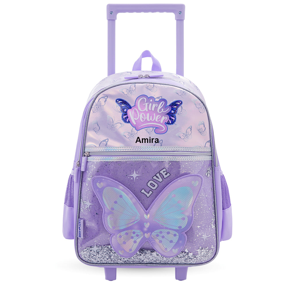 Eazy Kids Personalized 16” Trolley School Bag Set of 3 with Wheels – Backpack, Lunch Bag & Pencil Case w/ Laptop Compartment-Girl Power Purple