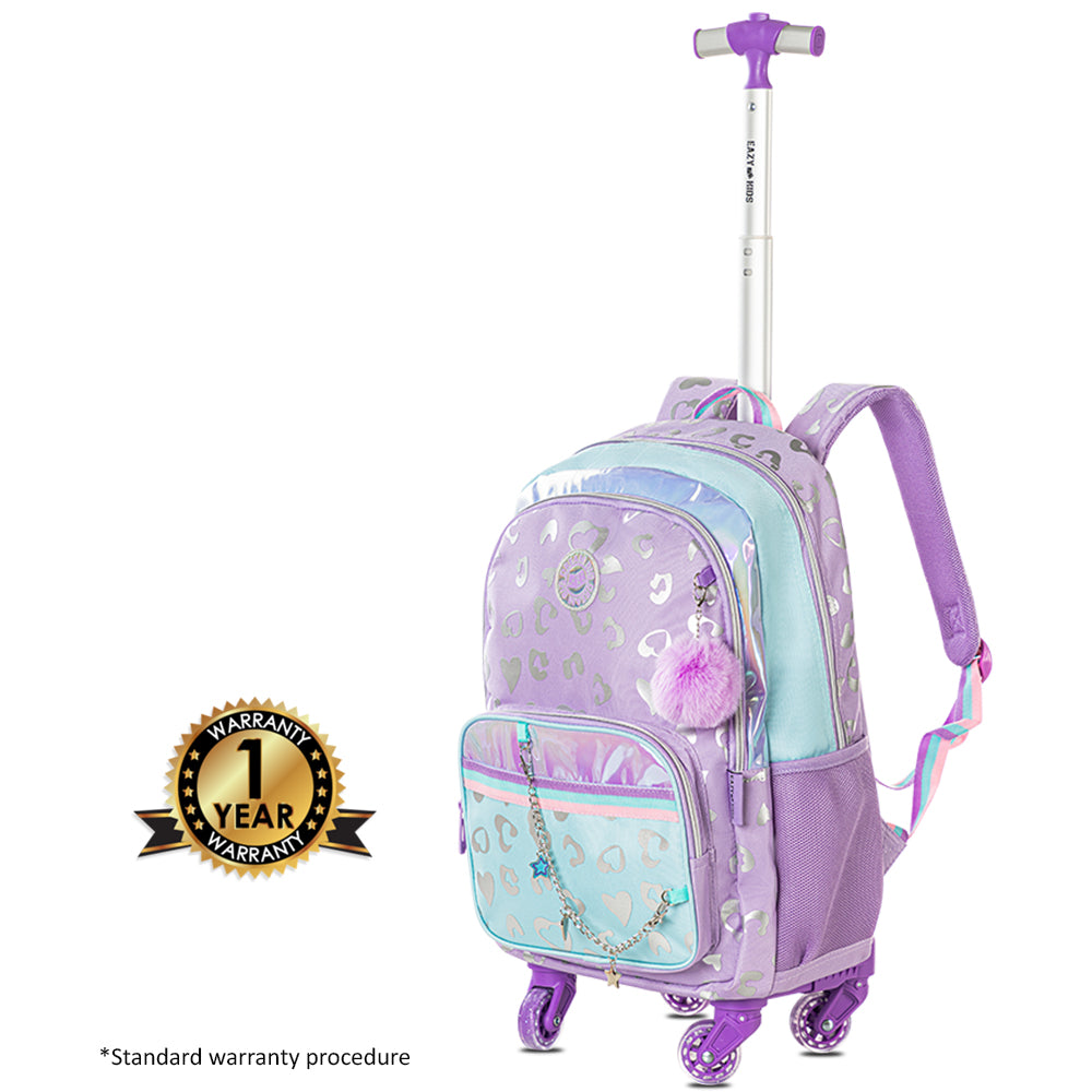 EAZY KIDS 4-wheel Trolley 17" School Bag Set of 3 w/Lunch Bag and Pencil Pouch - Love Purple