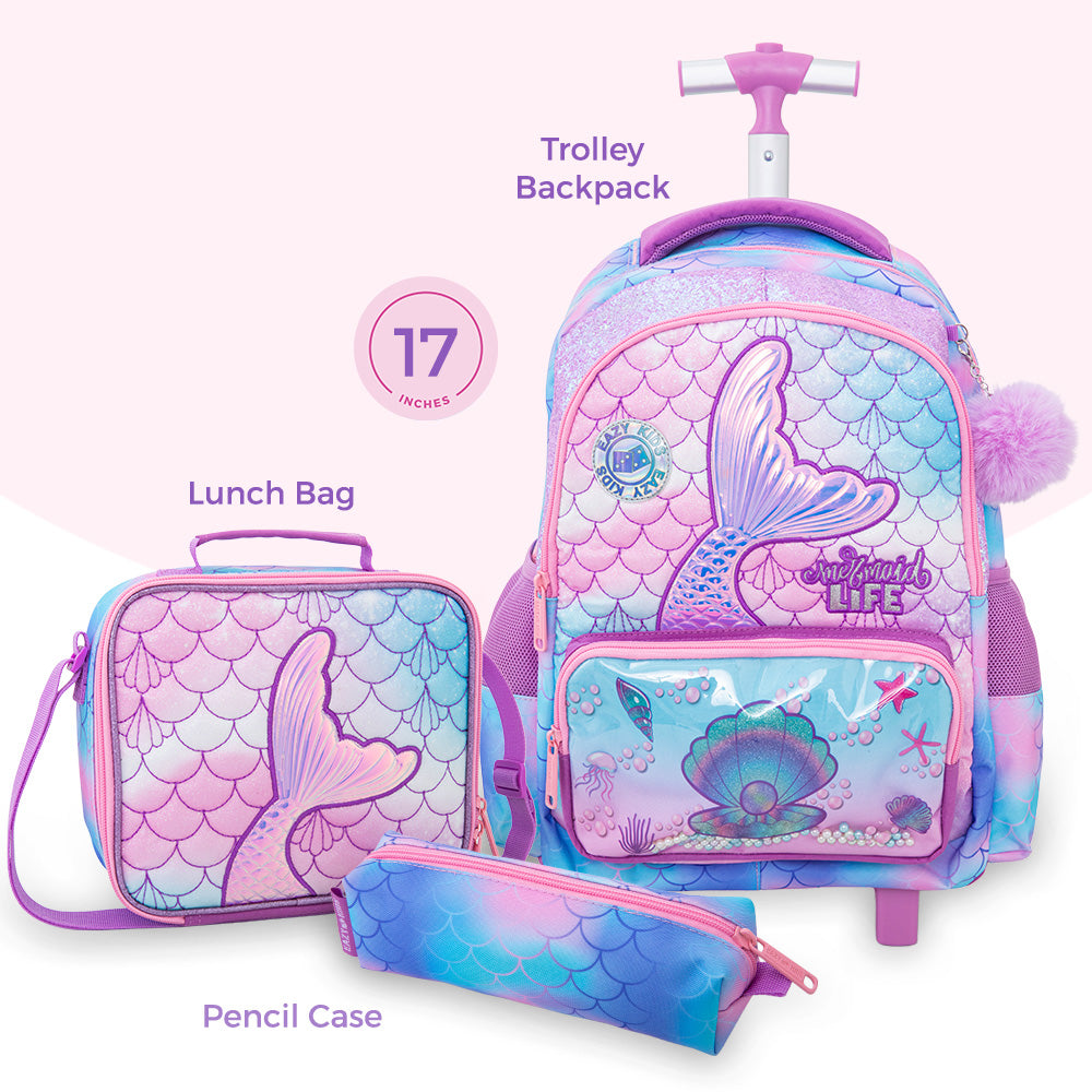 Eazy Kids 17” 3-Piece Trolley School Backpack Set for Kids – Mermaid Design with Lunch Bag & Pencil Case, Purple