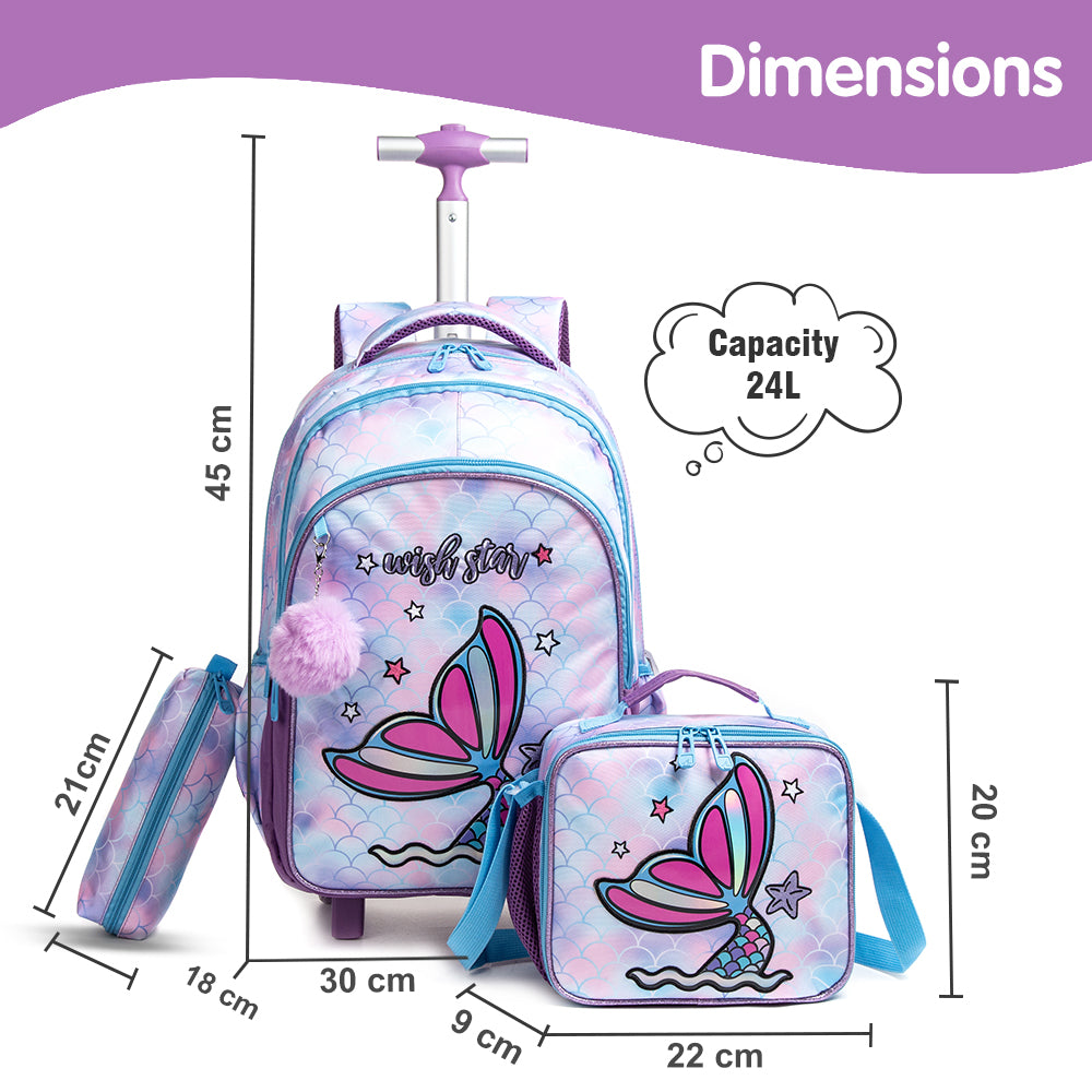 EAZY KIDS 18Inch Set of 3 Trolley School Bag with Lunch Bag and Pencil Case Mermaid - Purple