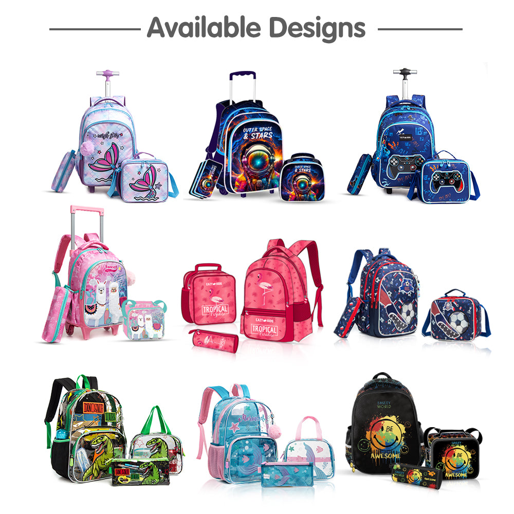 EAZY KIDS 18Inch Set of 3 Trolley School Bag with Lunch Bag and Pencil Case Mermaid - Purple