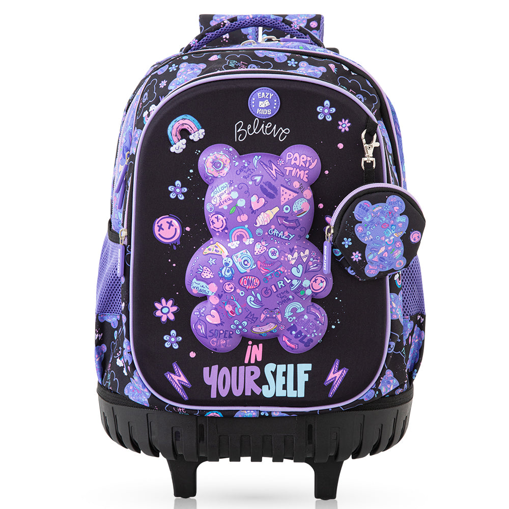 Eazy Kids 18” Trolley School Bag Set of 4– Trolley Backpack, Lunch Bag, Pencil Case and Coin Purse w/ Laptop Compartment,Teddy Black
