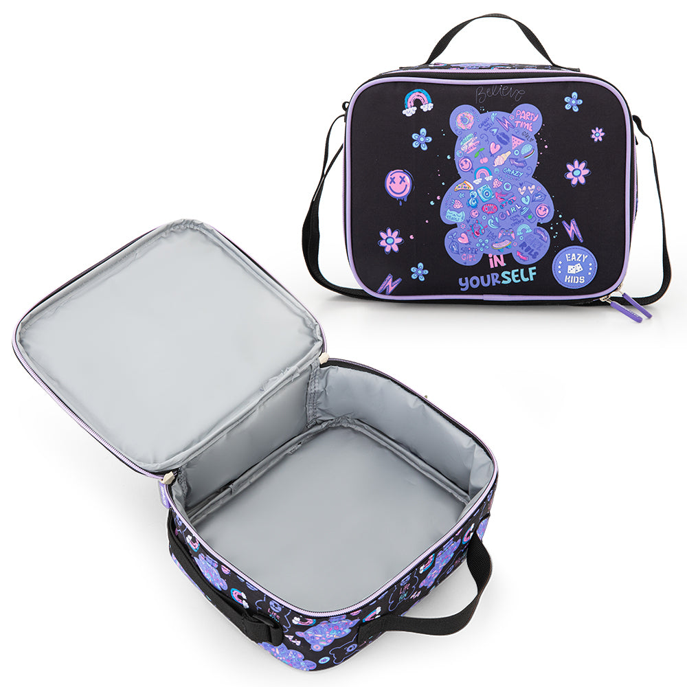 Eazy Kids 18” Trolley School Bag Set of 4– Trolley Backpack, Lunch Bag, Pencil Case and Coin Purse w/ Laptop Compartment,Teddy Black