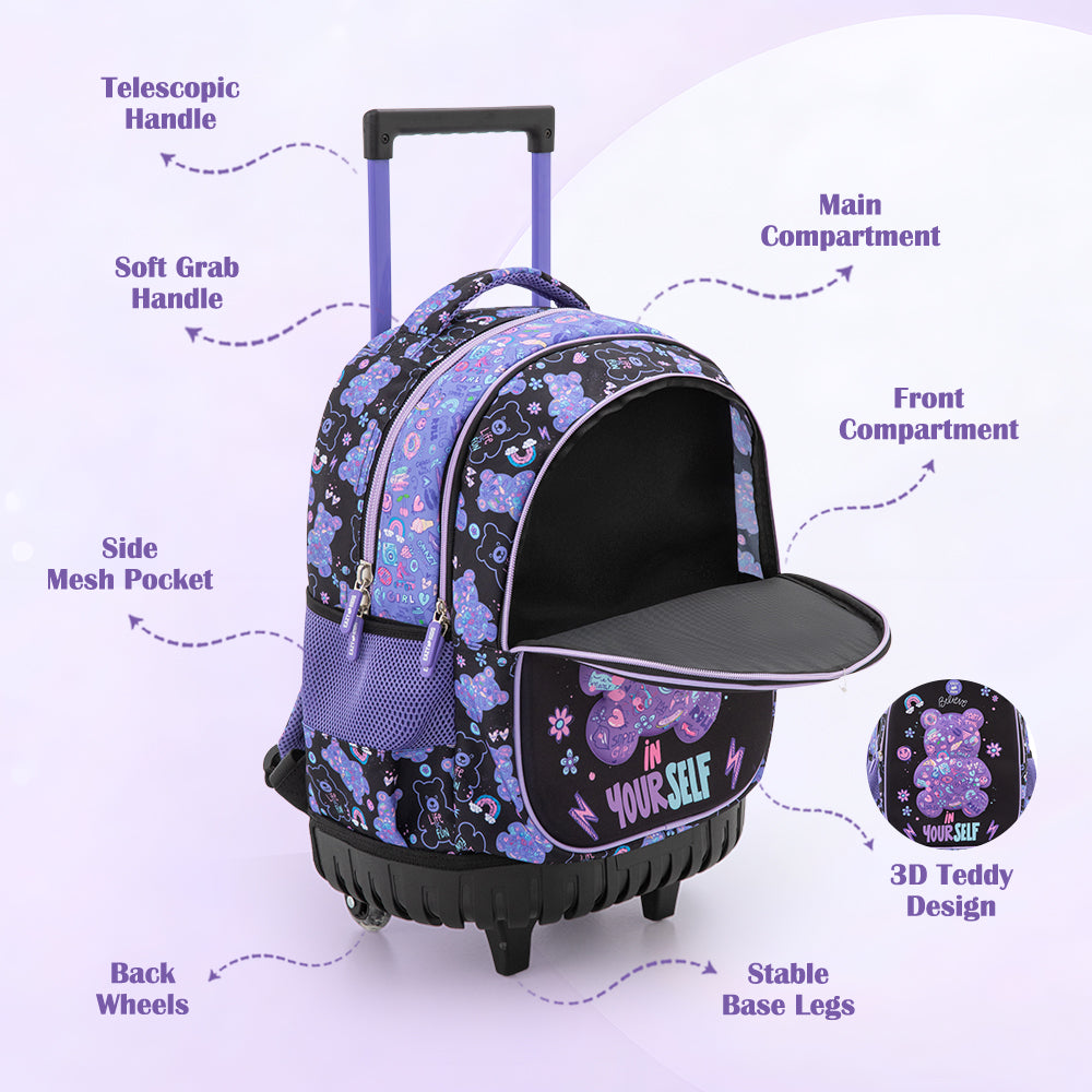 Eazy Kids 18” Trolley School Bag Set of 4– Trolley Backpack, Lunch Bag, Pencil Case and Coin Purse w/ Laptop Compartment,Teddy Black