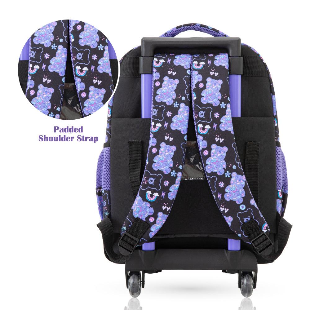 Eazy Kids 18” Trolley School Bag Set of 4– Trolley Backpack, Lunch Bag, Pencil Case and Coin Purse w/ Laptop Compartment,Teddy Black