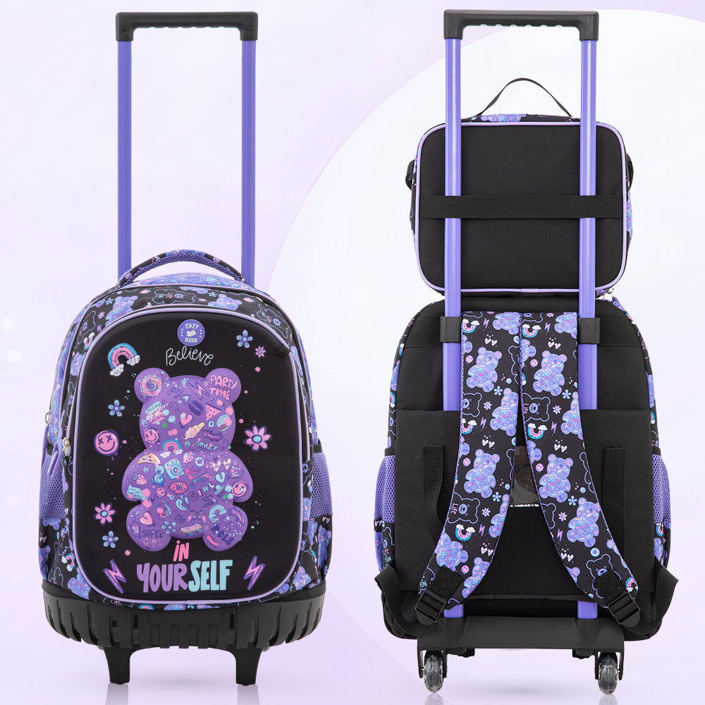 Eazy Kids 18” Trolley School Bag Set of 4– Trolley Backpack, Lunch Bag, Pencil Case and Coin Purse w/ Laptop Compartment,Teddy Black