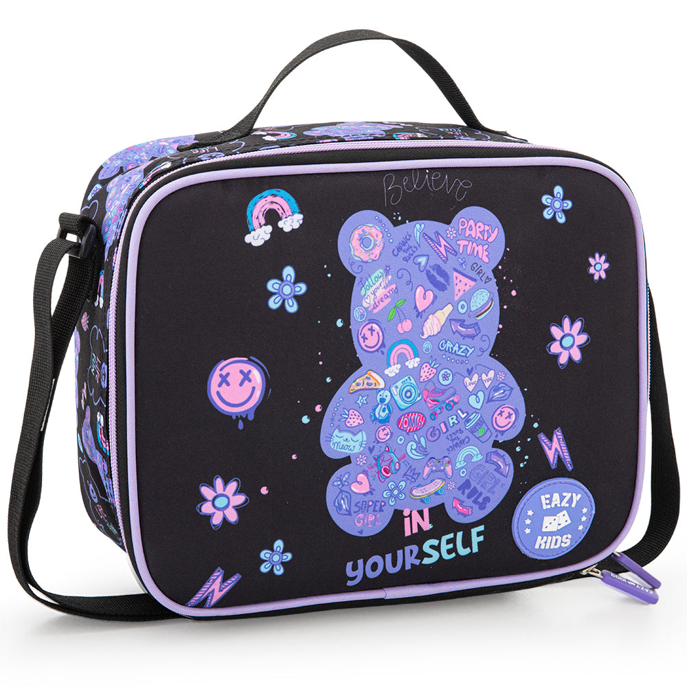 Eazy Kids 18” Trolley School Bag Set of 4– Trolley Backpack, Lunch Bag, Pencil Case and Coin Purse w/ Laptop Compartment,Teddy Black