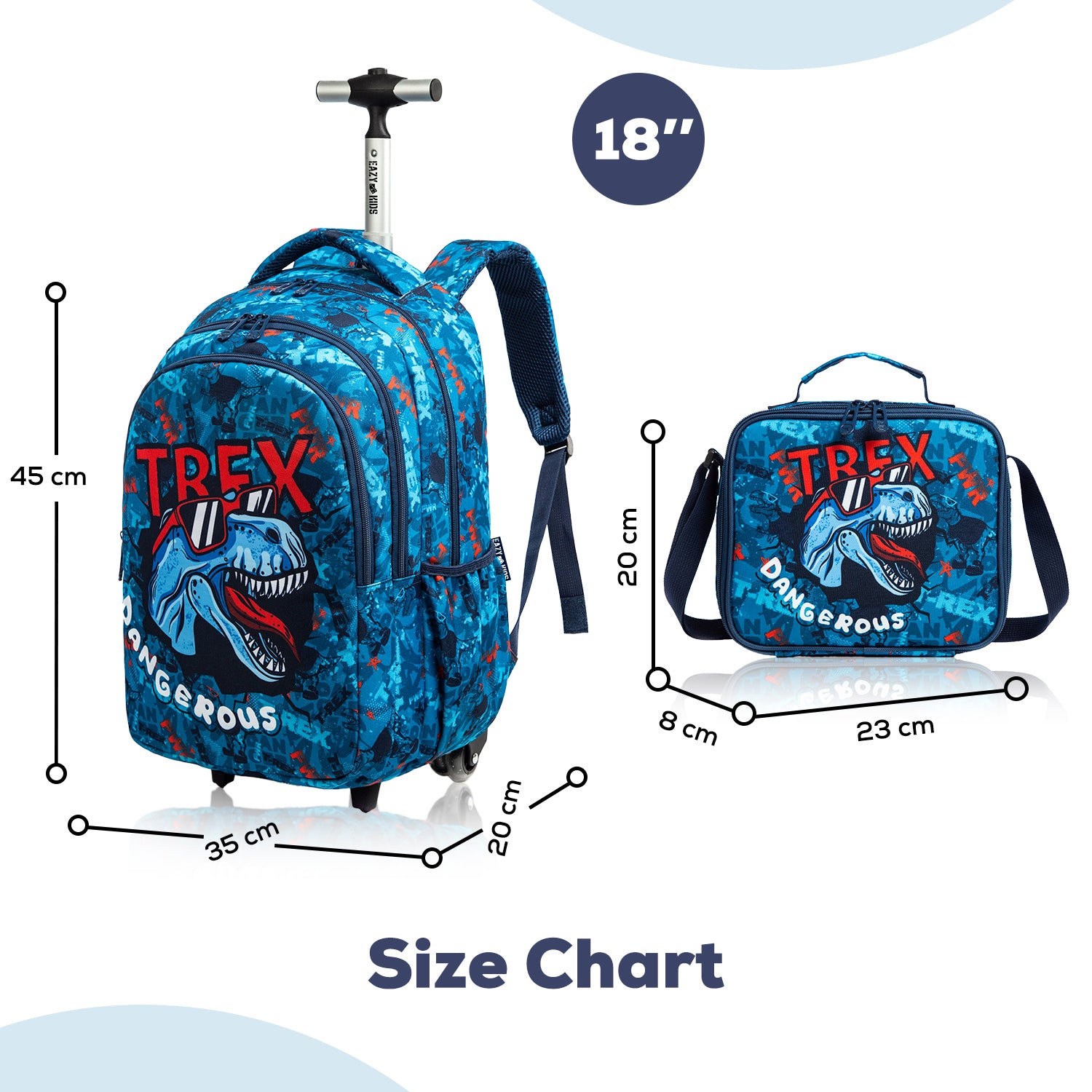 EAZY KIDS - 18 inch Set of 3 Trolley School Bag Lunch Bag & Pencil Case T - Rex Dinosaur - Blue