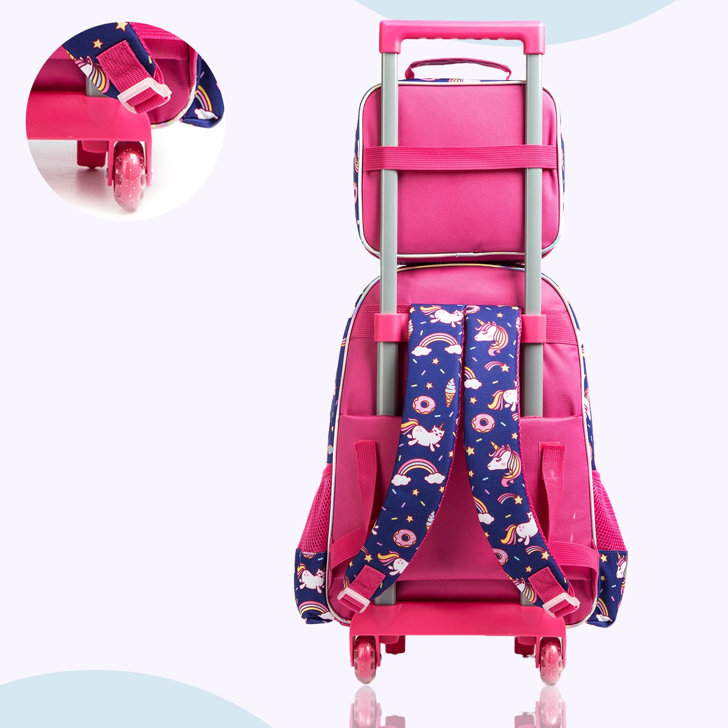 EAZY KIDS - 16 inch Set of 3 Trolley School Bag Lunch Bag & Pencil Case Unicorn Chrome - Blue