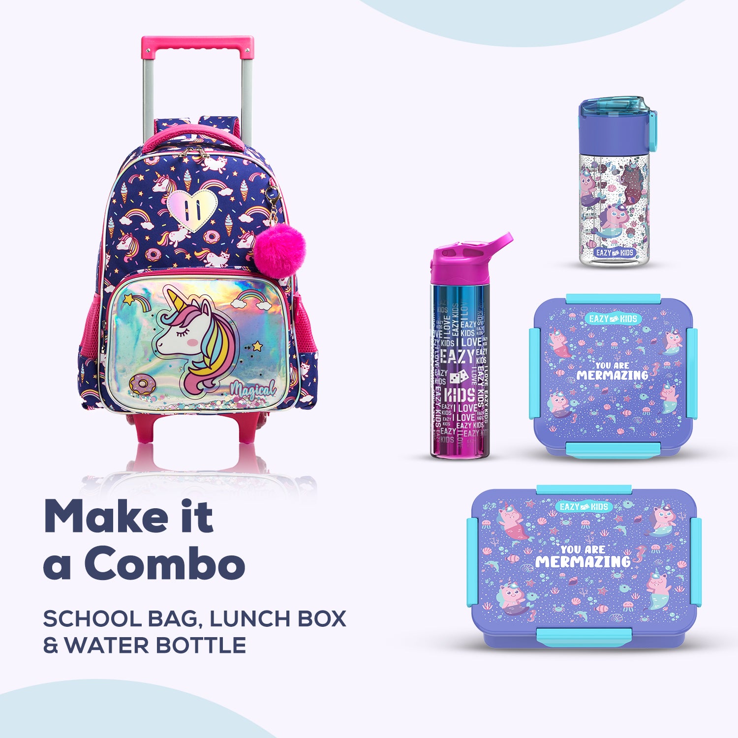 EAZY KIDS - 16 inch Set of 3 Trolley School Bag Lunch Bag & Pencil Case Unicorn Chrome - Blue
