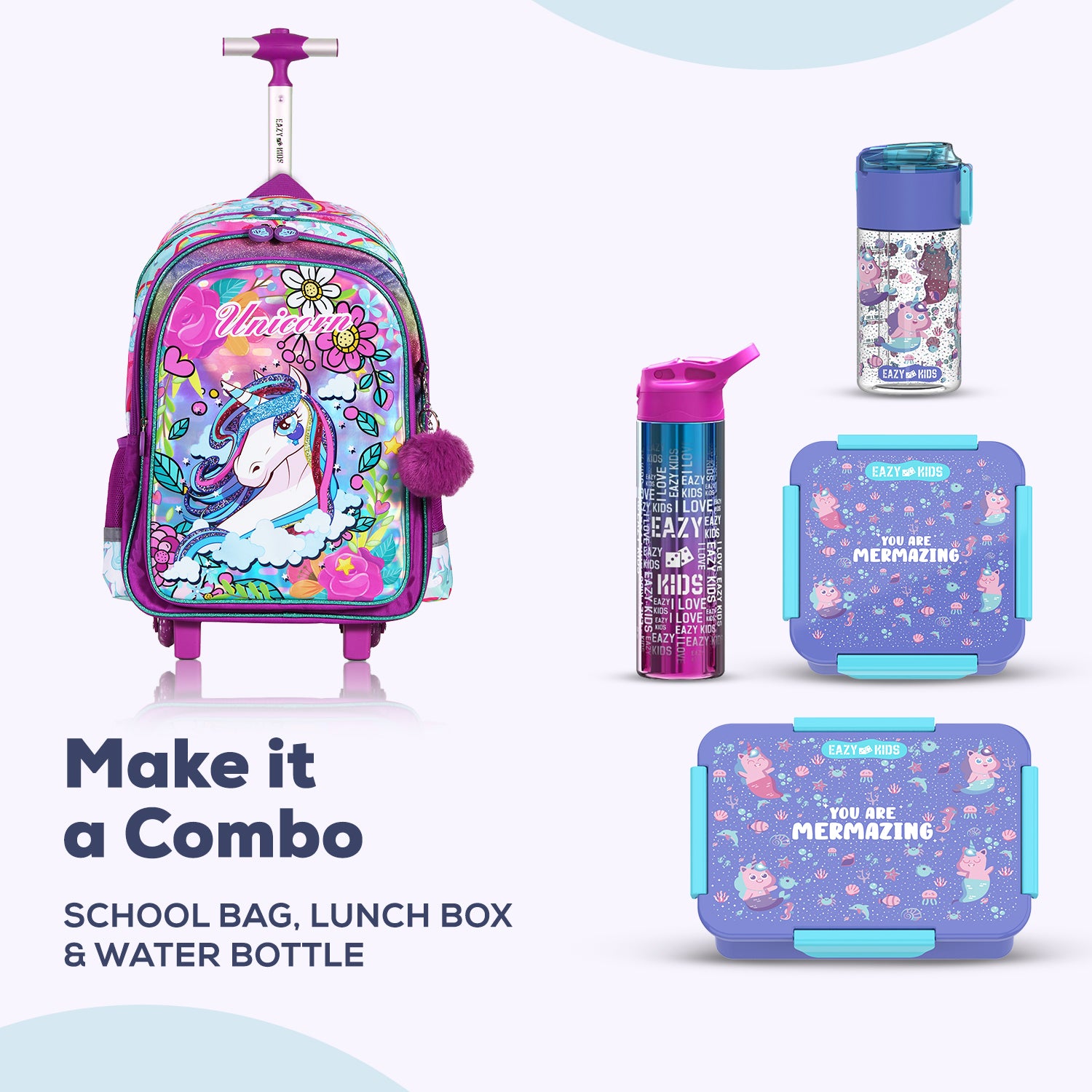 EAZY KIDS - Back to School - 18 inch Set of 4 School Bag Lunch Bag Activity Bag & Pencil Case Unicorn - Pink