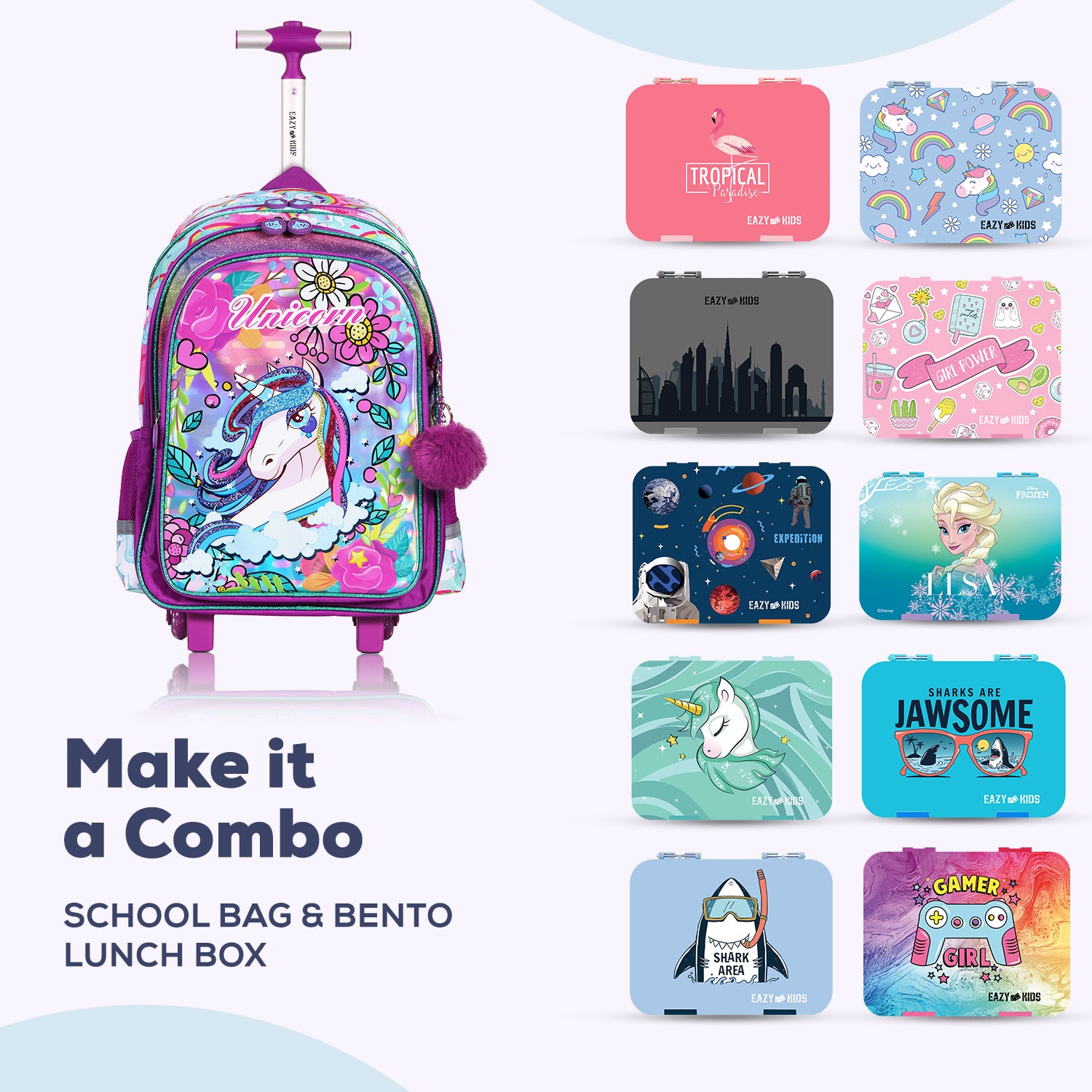 EAZY KIDS - Back to School - 18 inch Set of 4 School Bag Lunch Bag Activity Bag & Pencil Case Unicorn - Pink