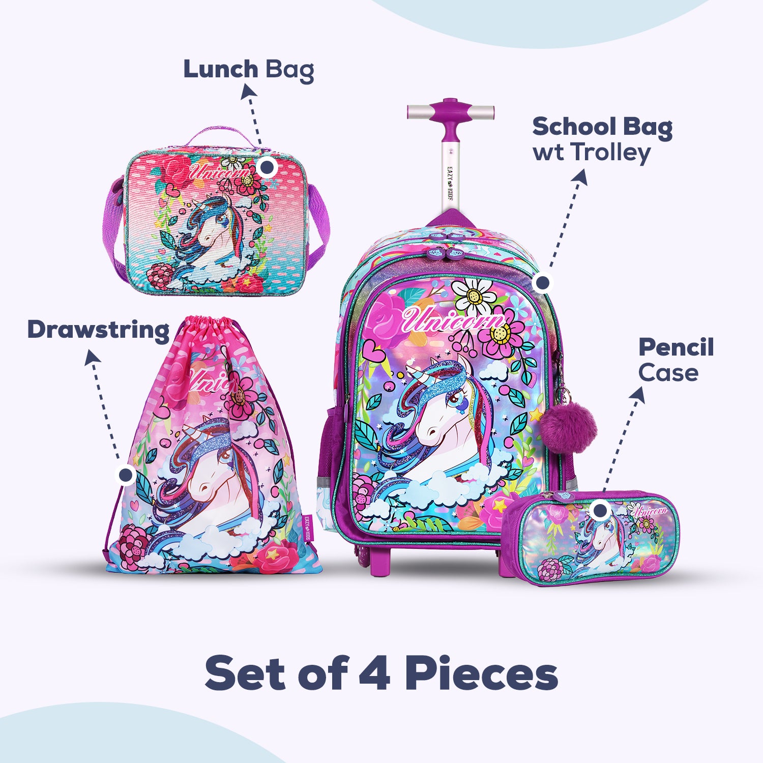 EAZY KIDS - Back to School - 18 inch Set of 4 School Bag Lunch Bag Activity Bag & Pencil Case Unicorn - Pink