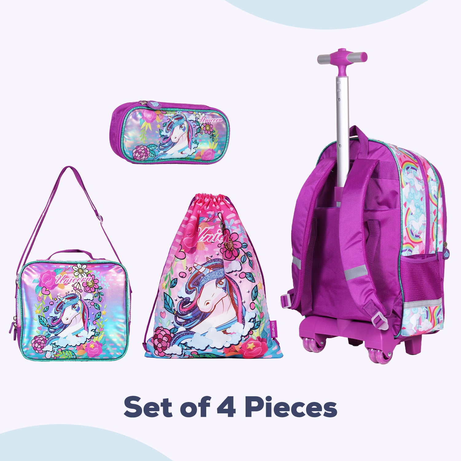 EAZY KIDS - Back to School - 18 inch Set of 4 School Bag Lunch Bag Activity Bag & Pencil Case Unicorn - Pink