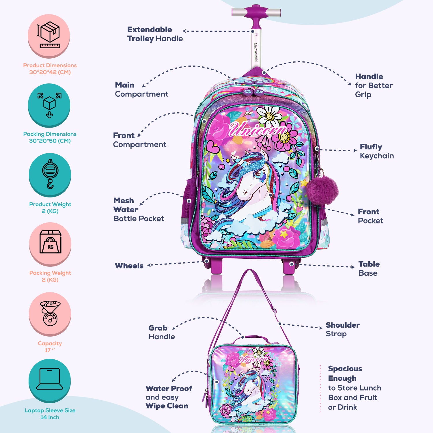 EAZY KIDS - Back to School - 18 inch Set of 4 School Bag Lunch Bag Activity Bag & Pencil Case Unicorn - Pink