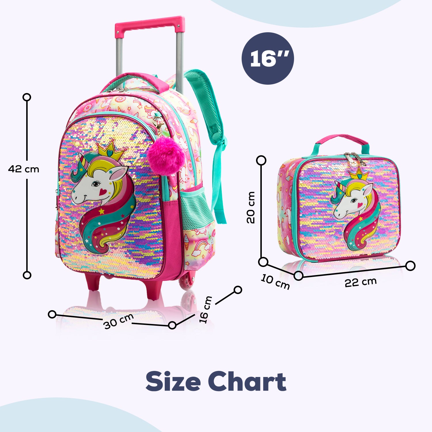 EAZY KIDS - 16 inch Set of 3 Trolley School Bag Lunch Bag & Pencil Case Unicorn - Pink