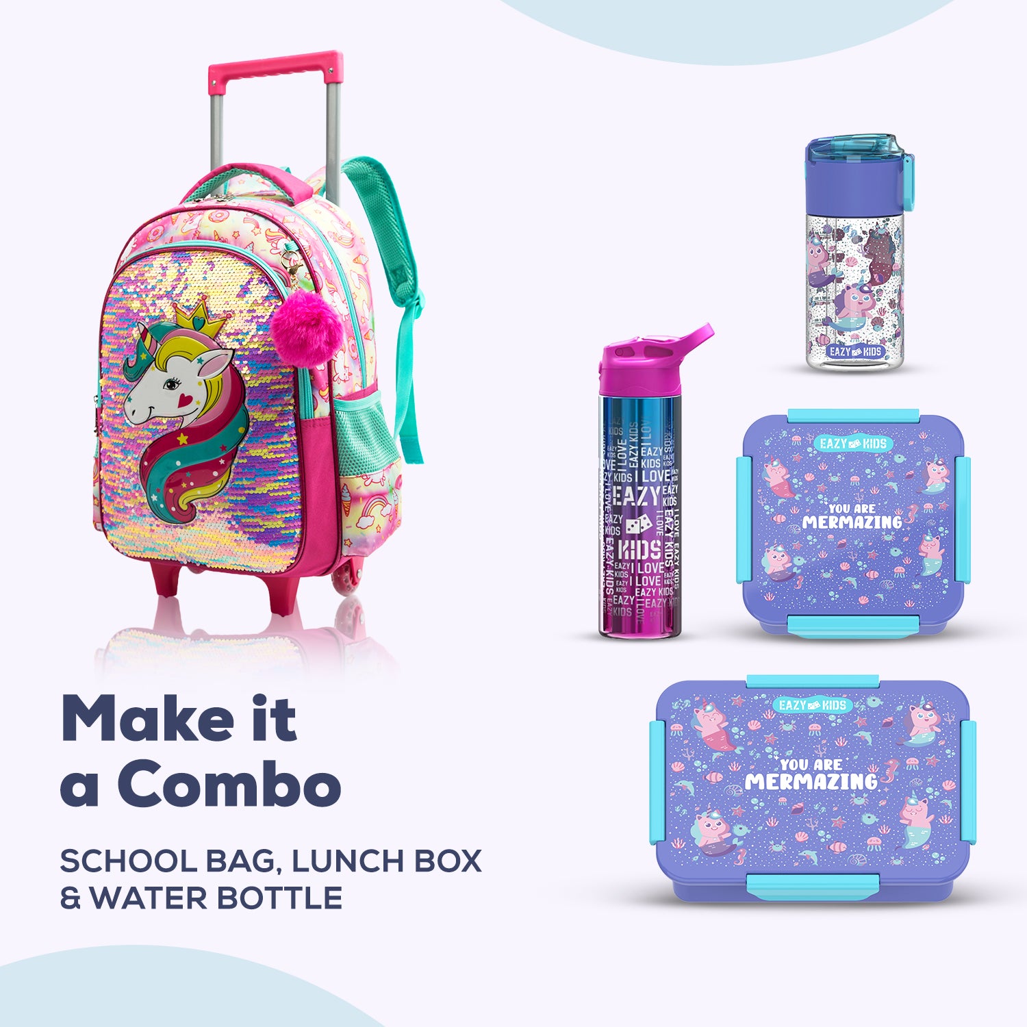 EAZY KIDS - 16 inch Set of 3 Trolley School Bag Lunch Bag & Pencil Case Unicorn - Pink