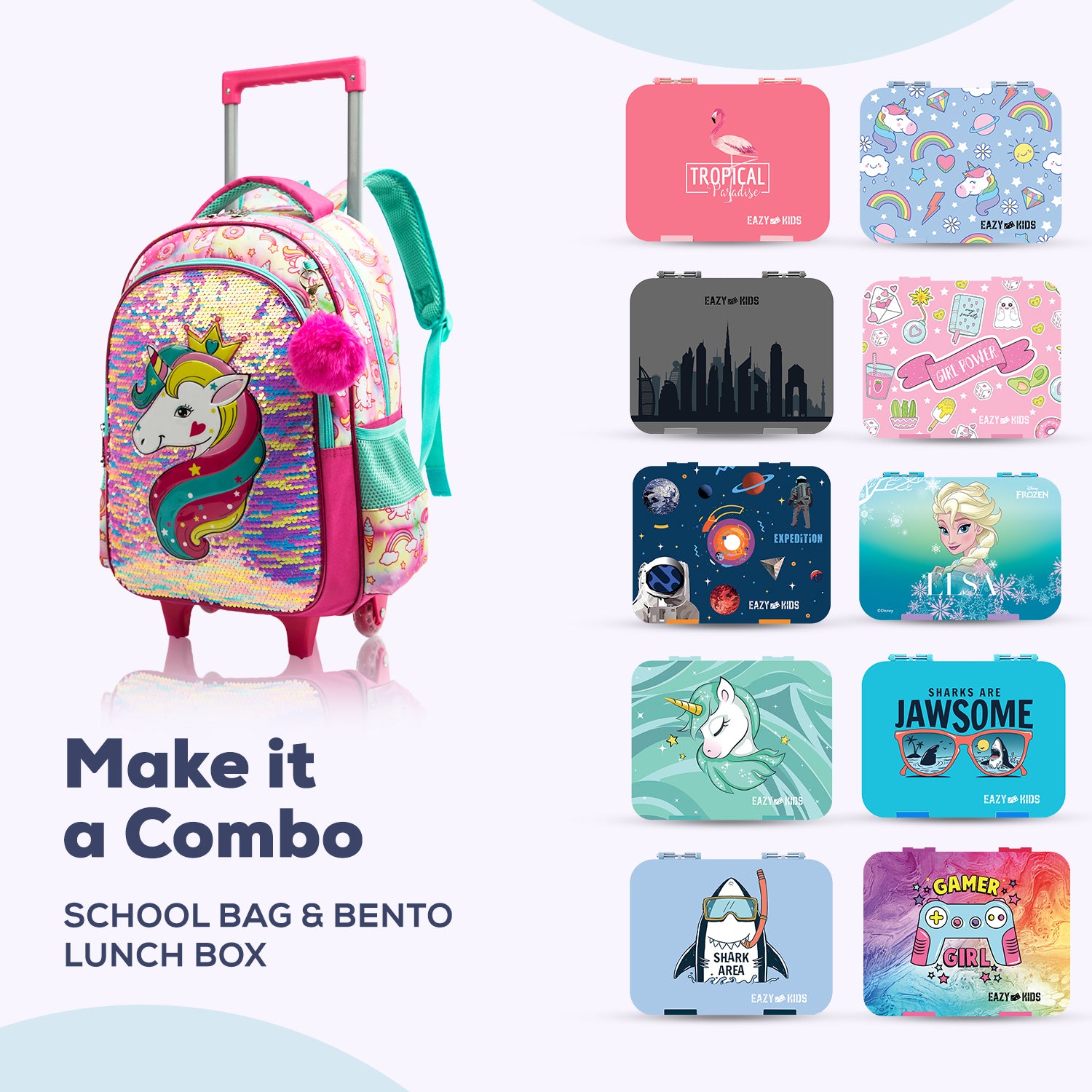 EAZY KIDS - 16 inch Set of 3 Trolley School Bag Lunch Bag & Pencil Case Unicorn - Pink