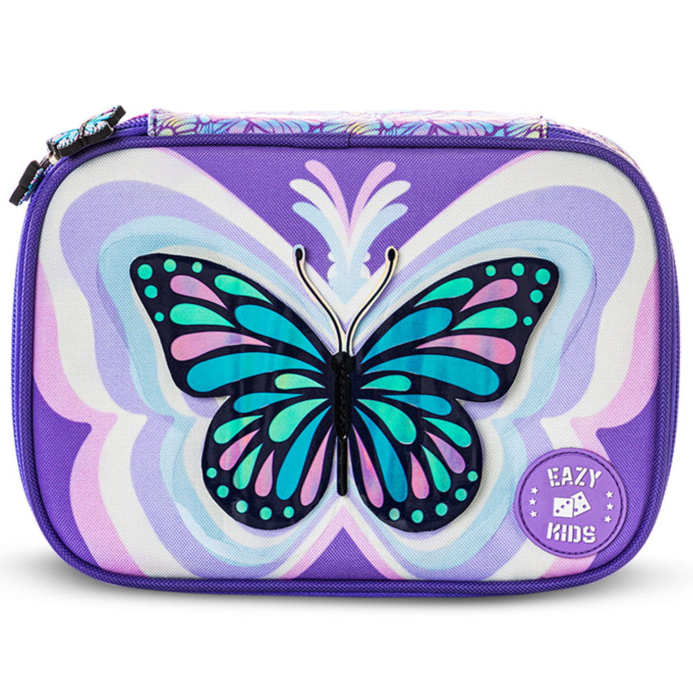 EAZY KIDS 18 inch Set of 3 Backpack w/Lunch Bag and Pencil Case - 3D Butterfly Purple