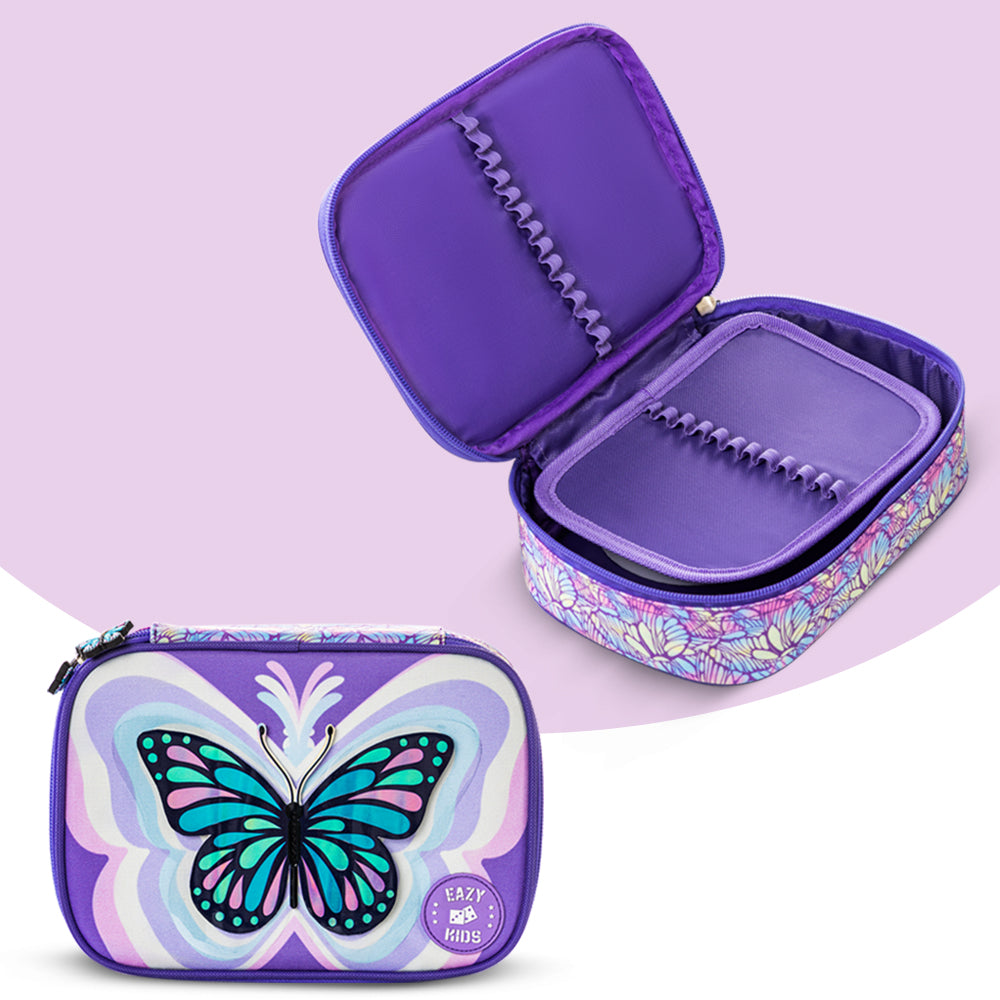 EAZY KIDS 18 inch Set of 3 Backpack w/Lunch Bag and Pencil Case - 3D Butterfly Purple